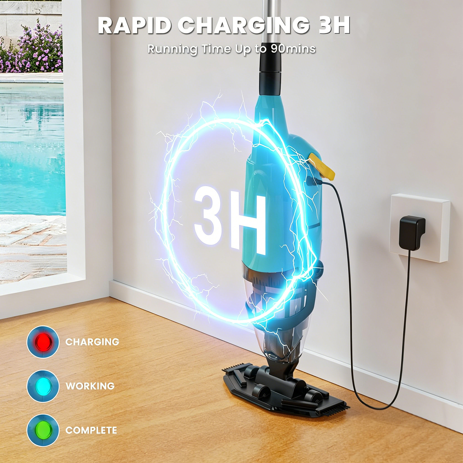 Cordless Handheld Pool Vacuum with Telescopic Pole 18GPM Powerful Suction, 90Min