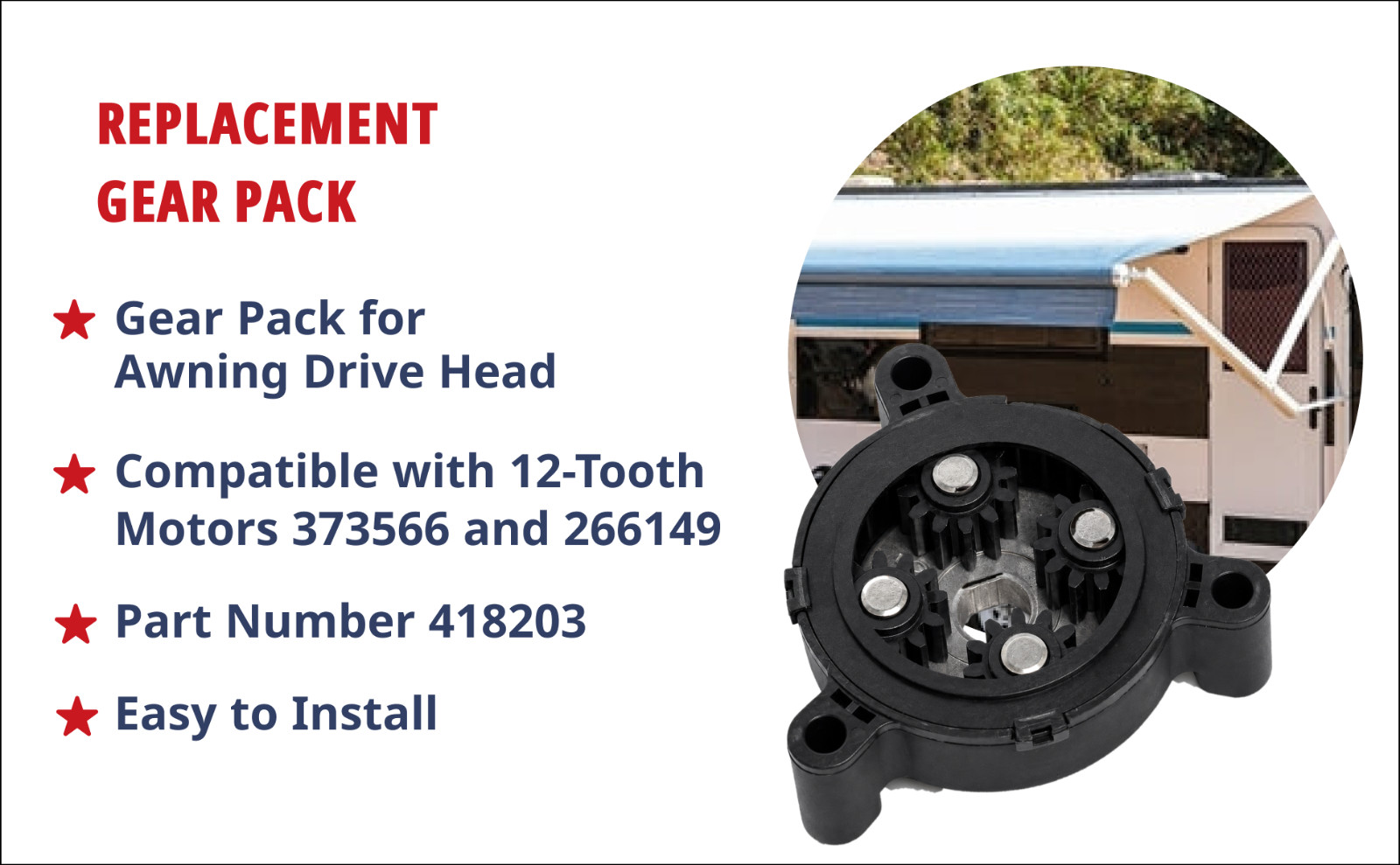 Replacement 418203 12-Tooth RV Awning Drive Head Gear Pack Fits 373566 & 266149