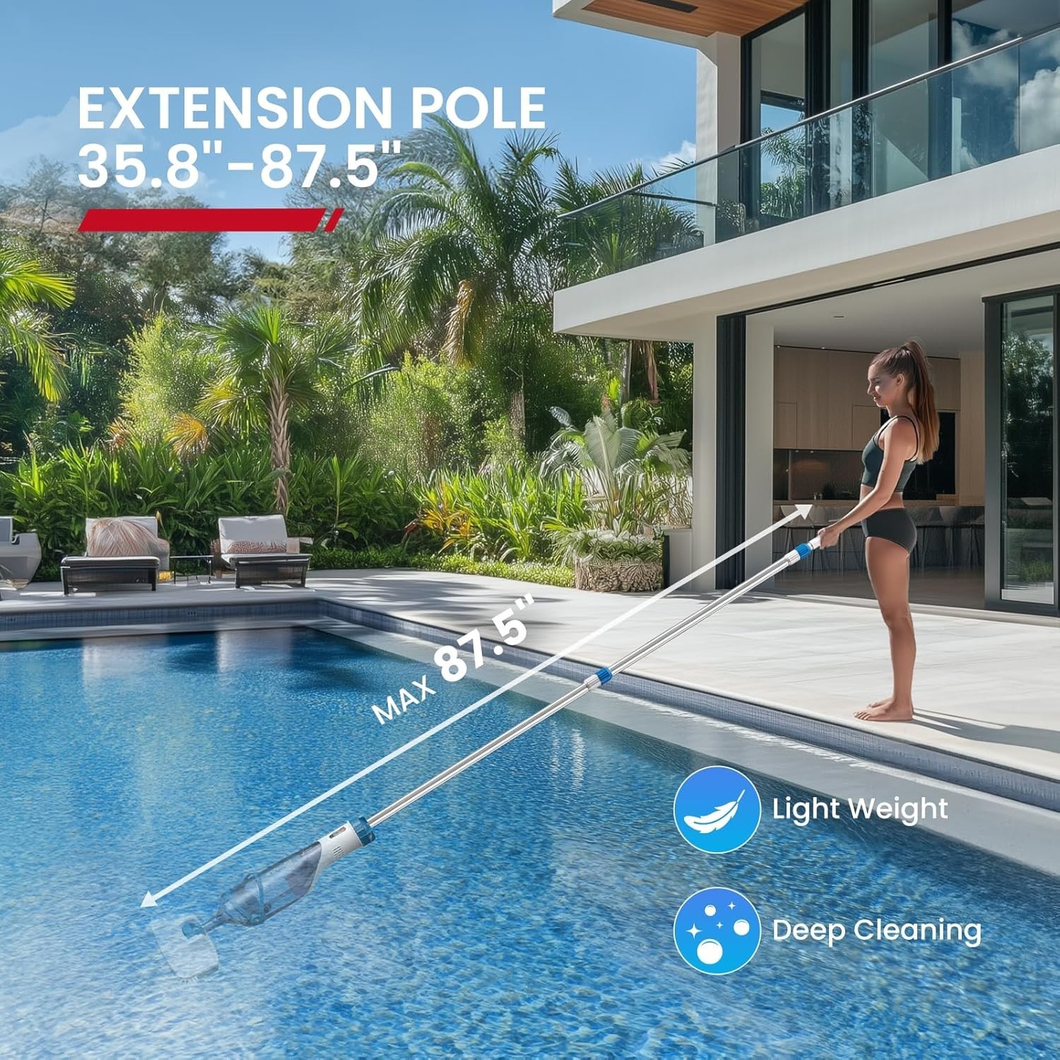 PC15 Cordless Pool Vacuum: 13.4″ Head & 87.5″ Telescopic for Fast Cleaning