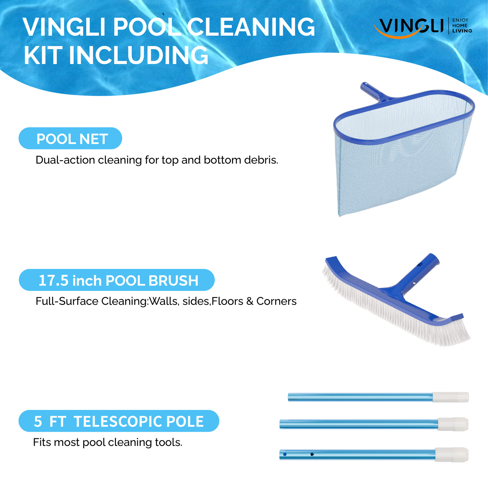 Portable 3 Piece Swimming Pool Cleaning Maintenance Kit with Net, Brush,Tube