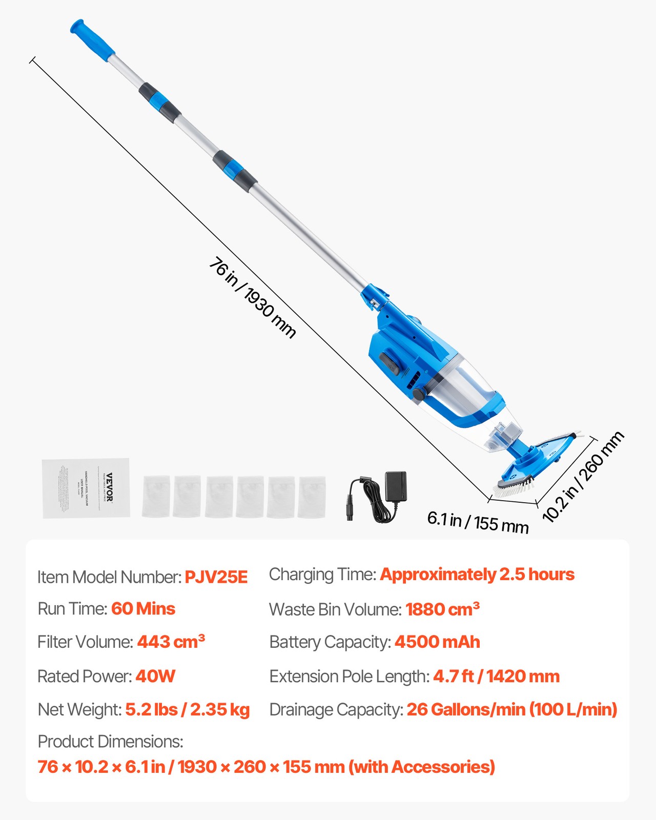VEVOR Pool Vacuum 26 GPM Rechargeable Pool Cleaner Max. 1H with Extension Pole