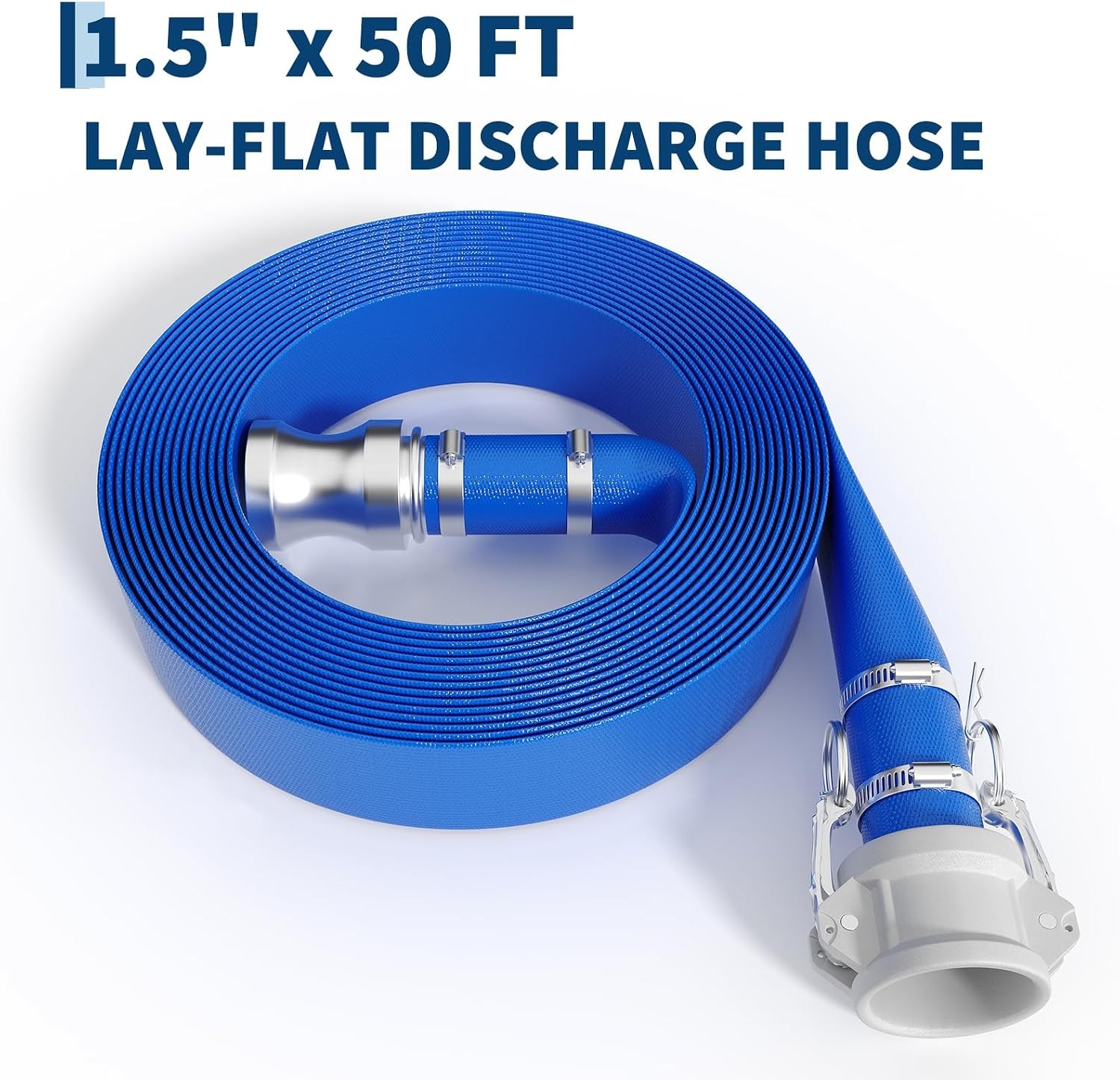Pool Backwash Hose 1.5″x50 ft Camlock Fittings PVC Lay Flat Discharge Water Pipe