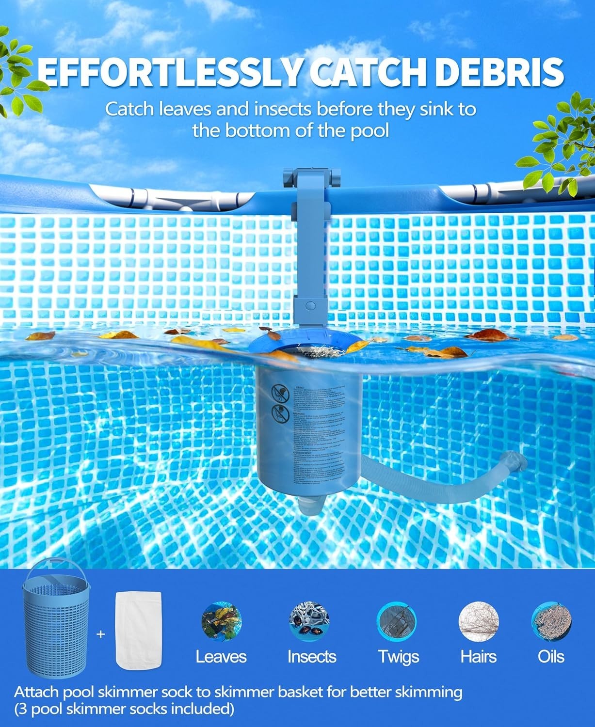 Upgrade above Ground Pool Skimmer Comes with 3 Socks, Anti-Tilt Wall Mount Surfa