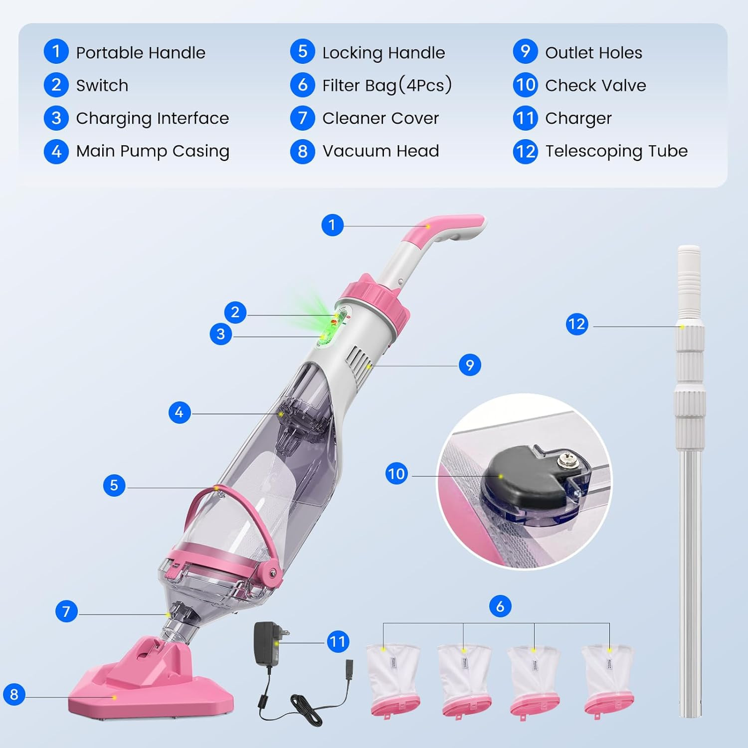 Pool Vacuum for above Ground Pool with a Telescopic Pole, Running Time up to 1H,