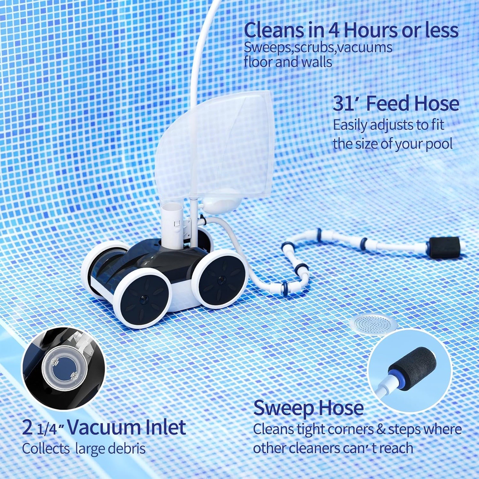 Amptyhub 4-Wheel Professional Pressure Side Sweeper Pool Cleaner