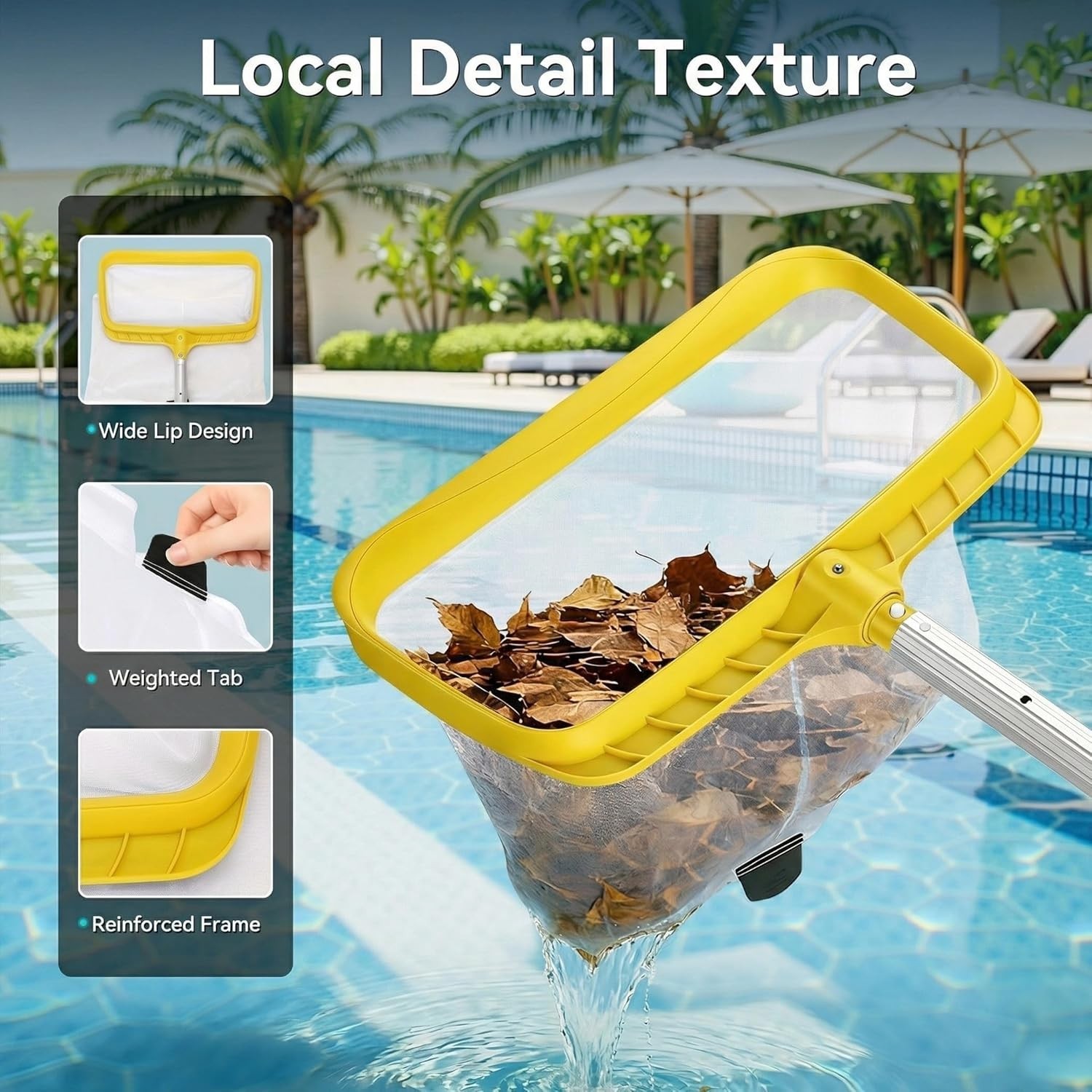 Professional Pool Skimmer Net with Yellow Frame & 30-Mesh – Heavy Duty Deep Leaf