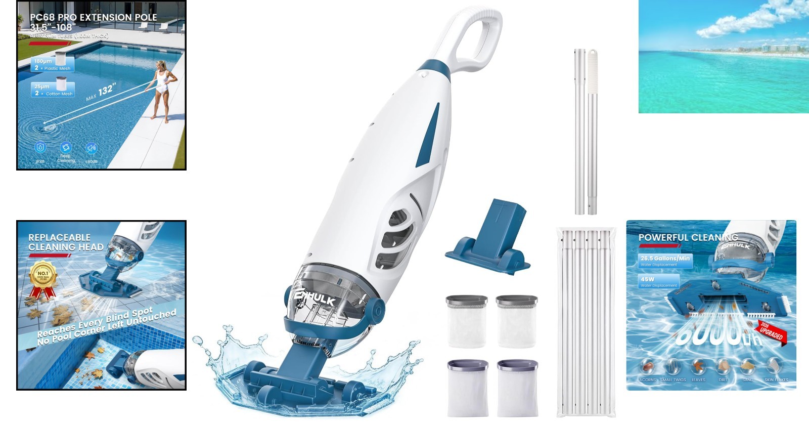 Rechargeable PC68 Pro Pool Vacuum – 1 Hour Runtime, Powerful Suction for Pools