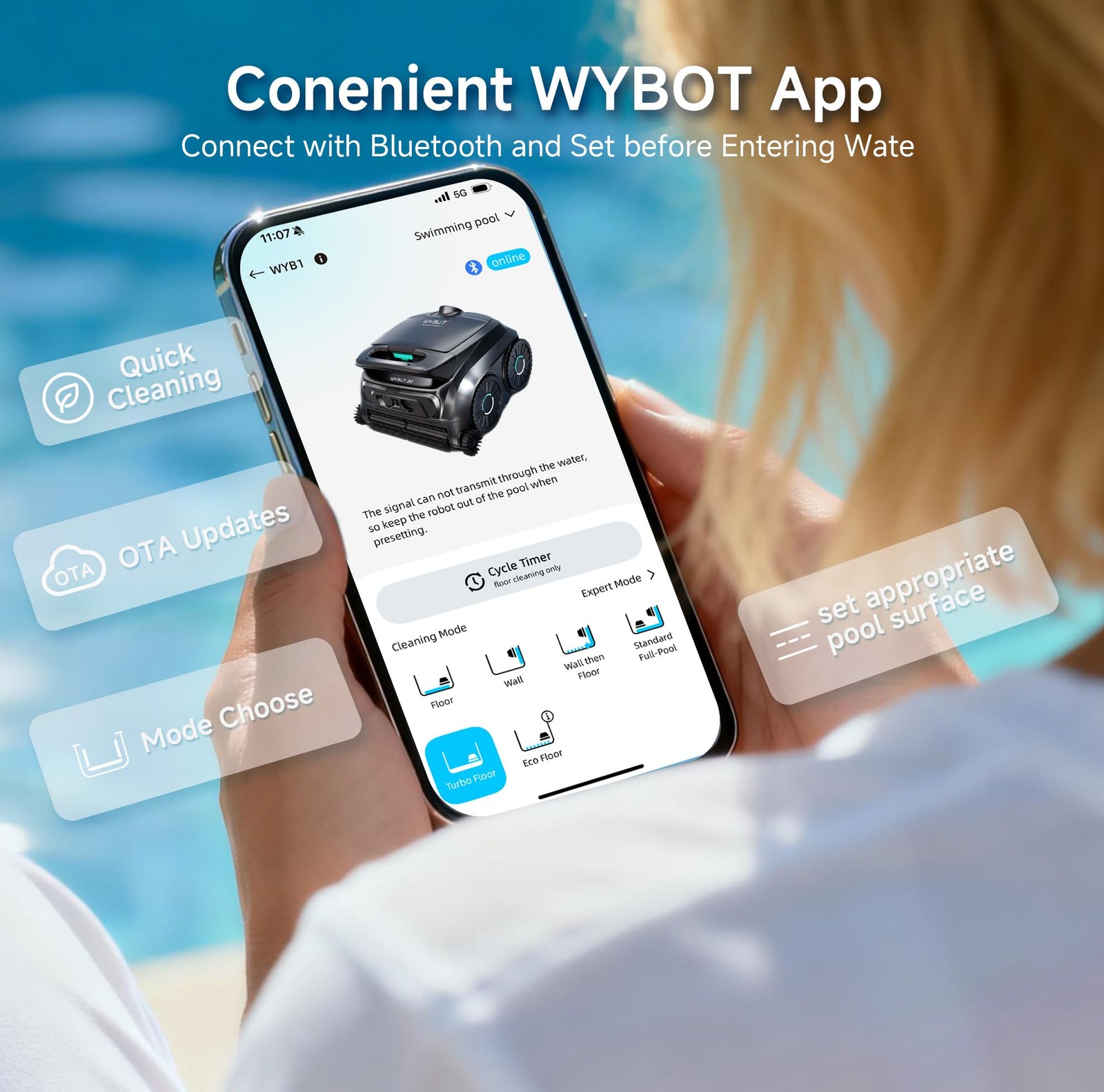 WYBOT B1 Robotic Pool Cleaner Cordless Wall Waterline Cleaning 2 Hour Runtime