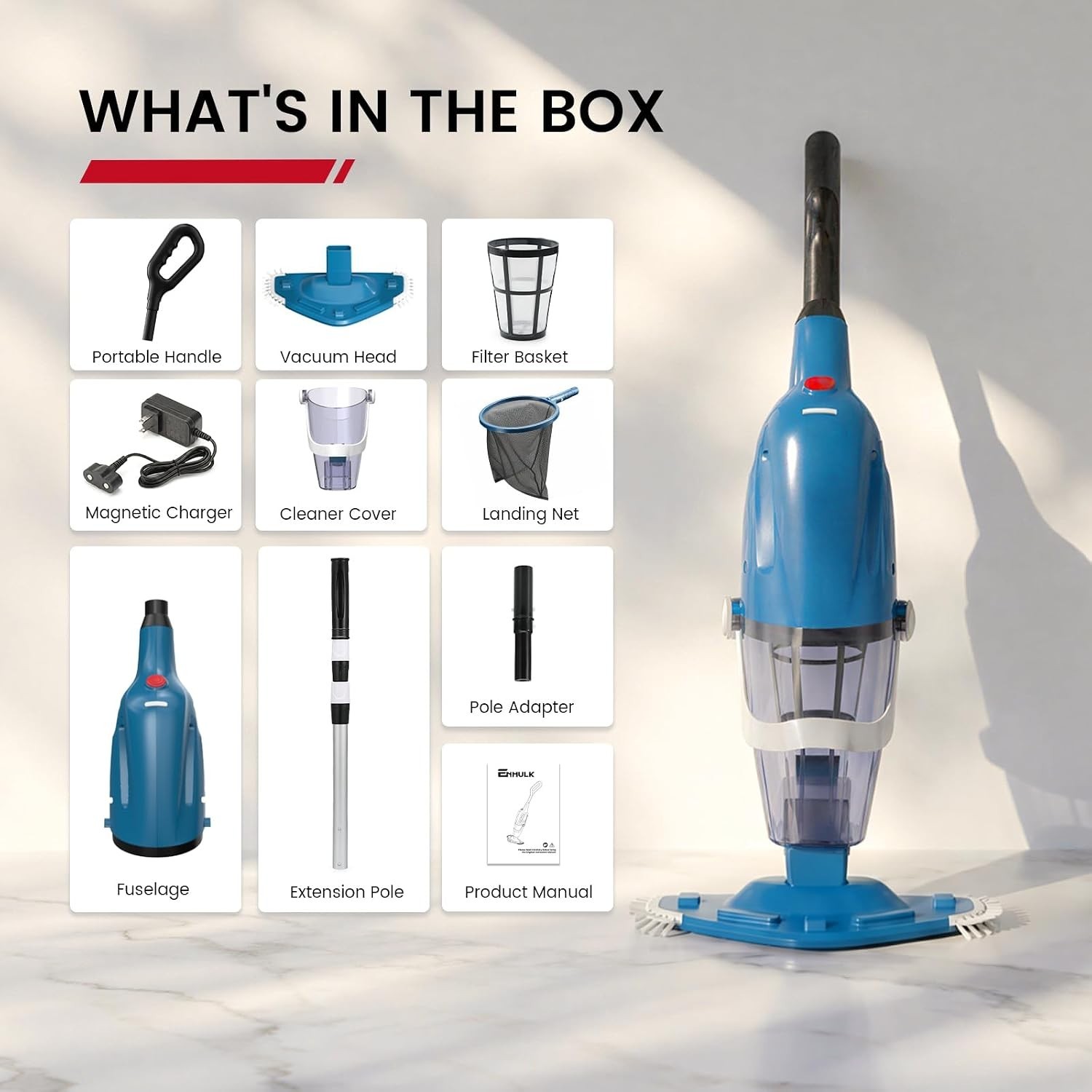 Cordless Pool Vacuum 18.5 Gpm 80 Min 76.8 Inch Pole Enhulk Pc40