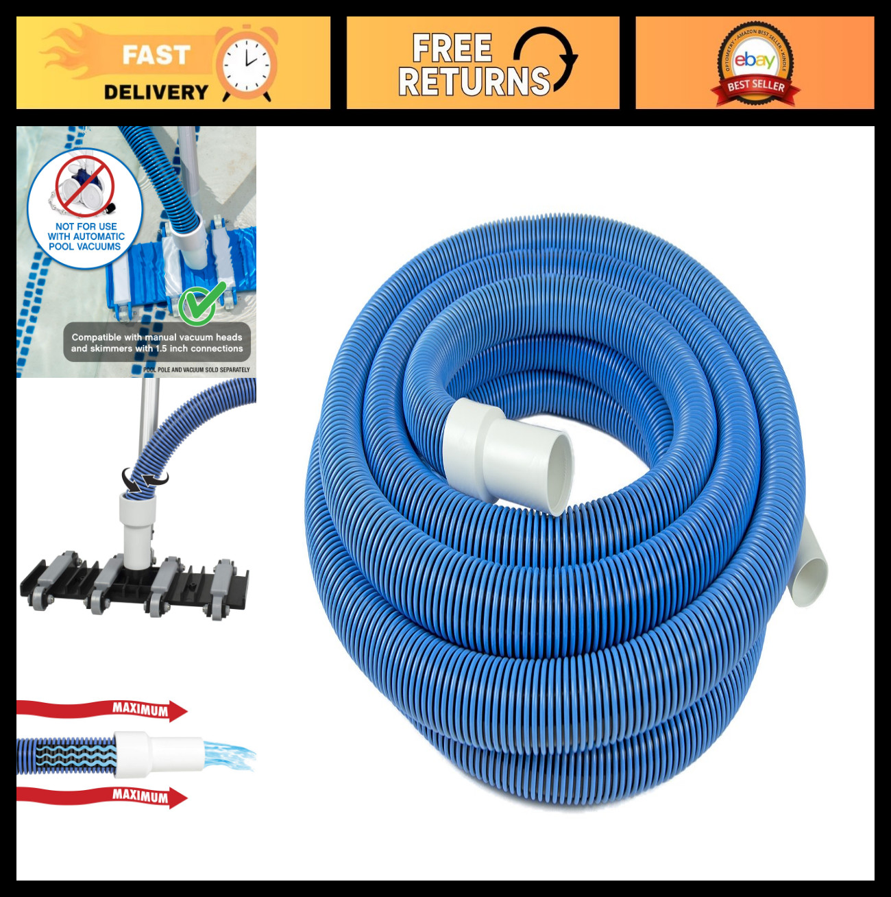 35ft Kink-Free Manual Pool Vacuum Hose for Inground & Above Ground Pools – Heavy