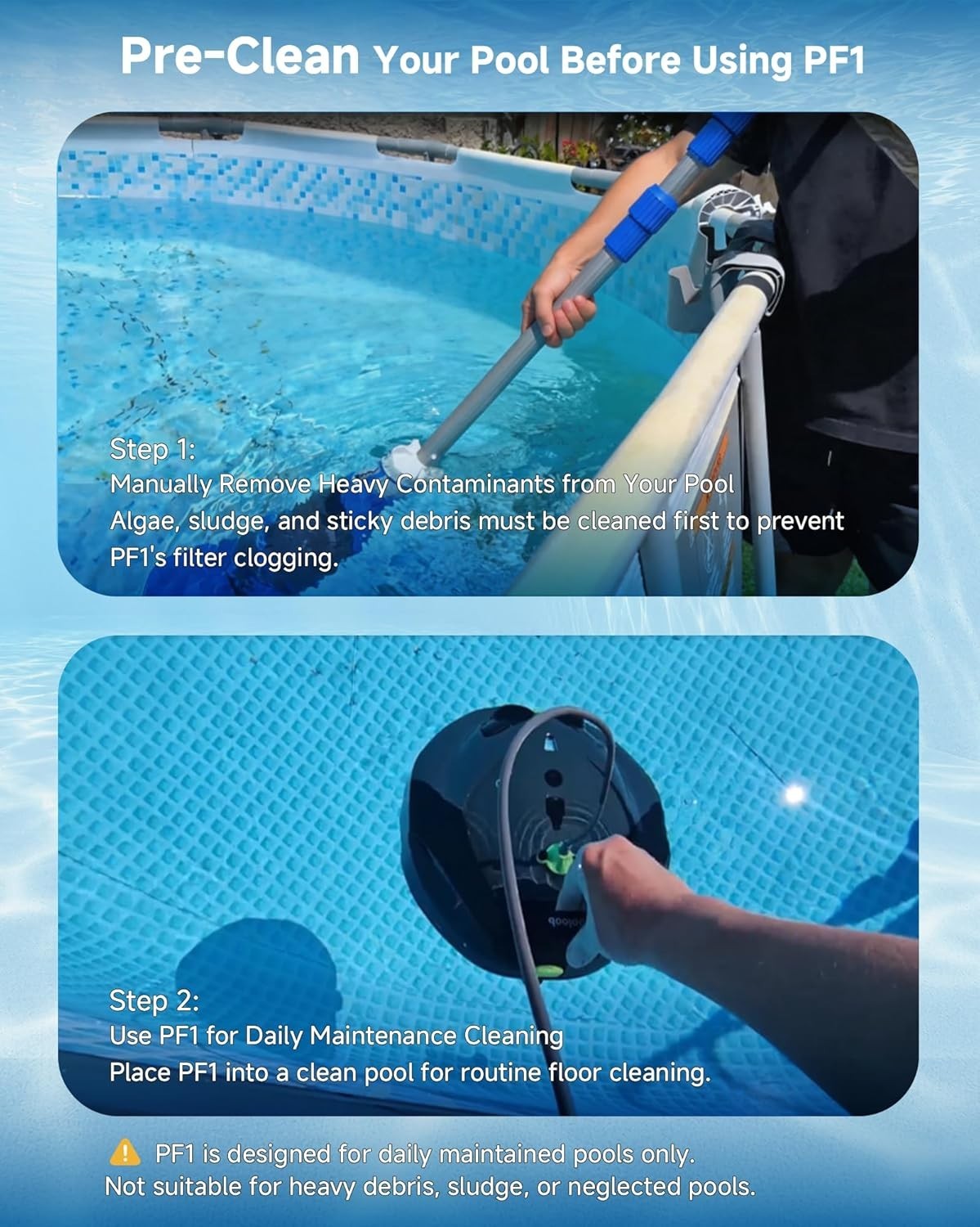 PF1 Cordless Pool Cleaner Robot for Flat-Bottom Pools 150 Min Runtime