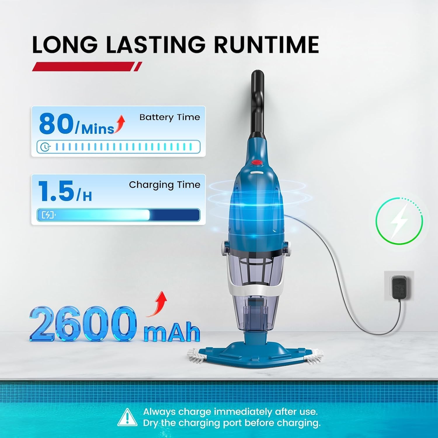 Cordless Pool Vacuum 18.5 Gpm 80 Min 76.8 Inch Pole Enhulk Pc40