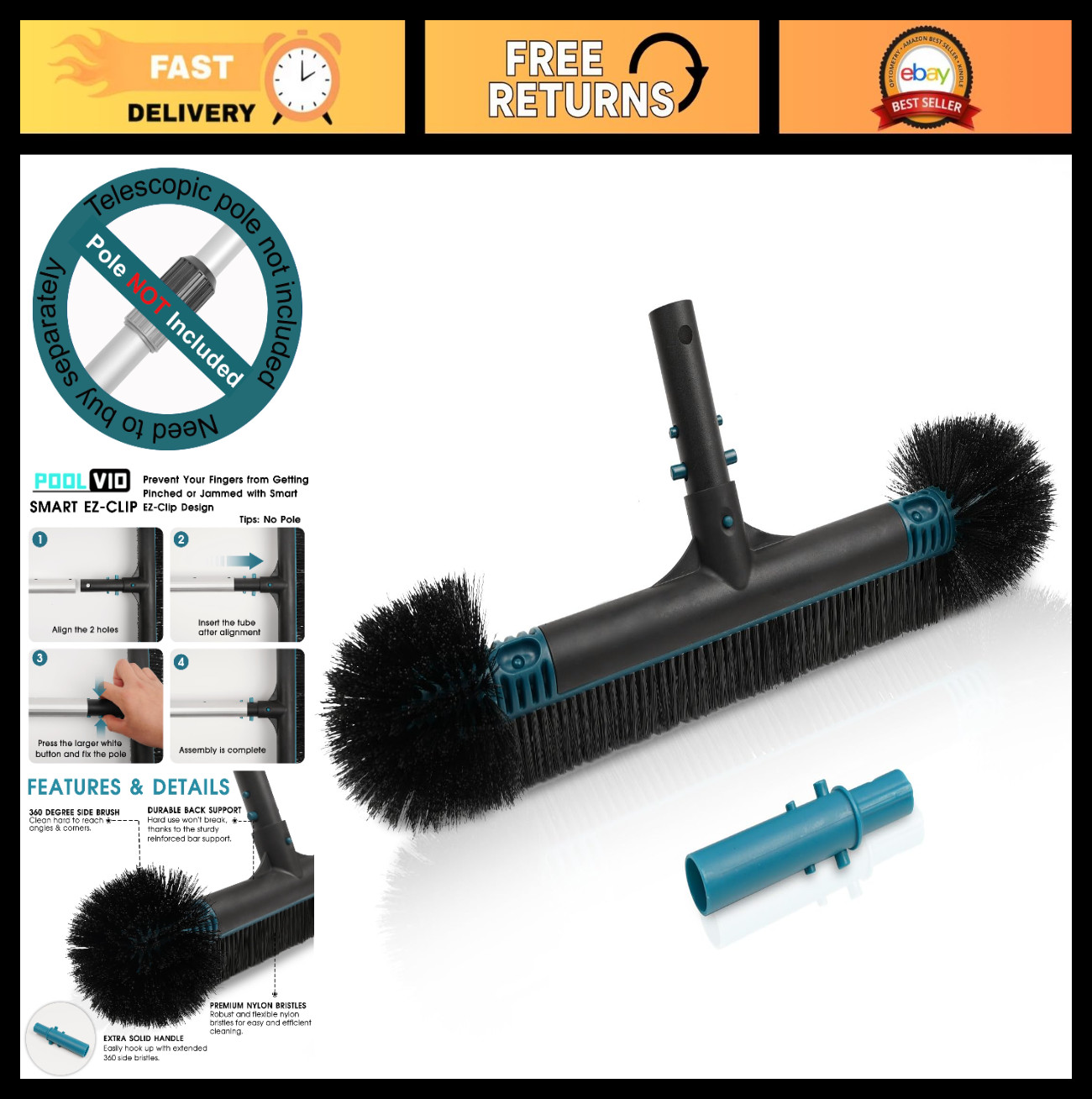 20″ 2-in-1 Heavy Duty Pool Brush Head – EZ Clip, Wavy Nylon Bristles for Cleanin
