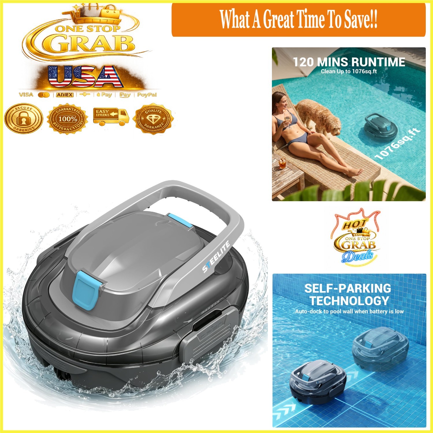 Cordless Robotic Pool Cleaner S7 with Dual Motors 120 Min Runtime Gray
