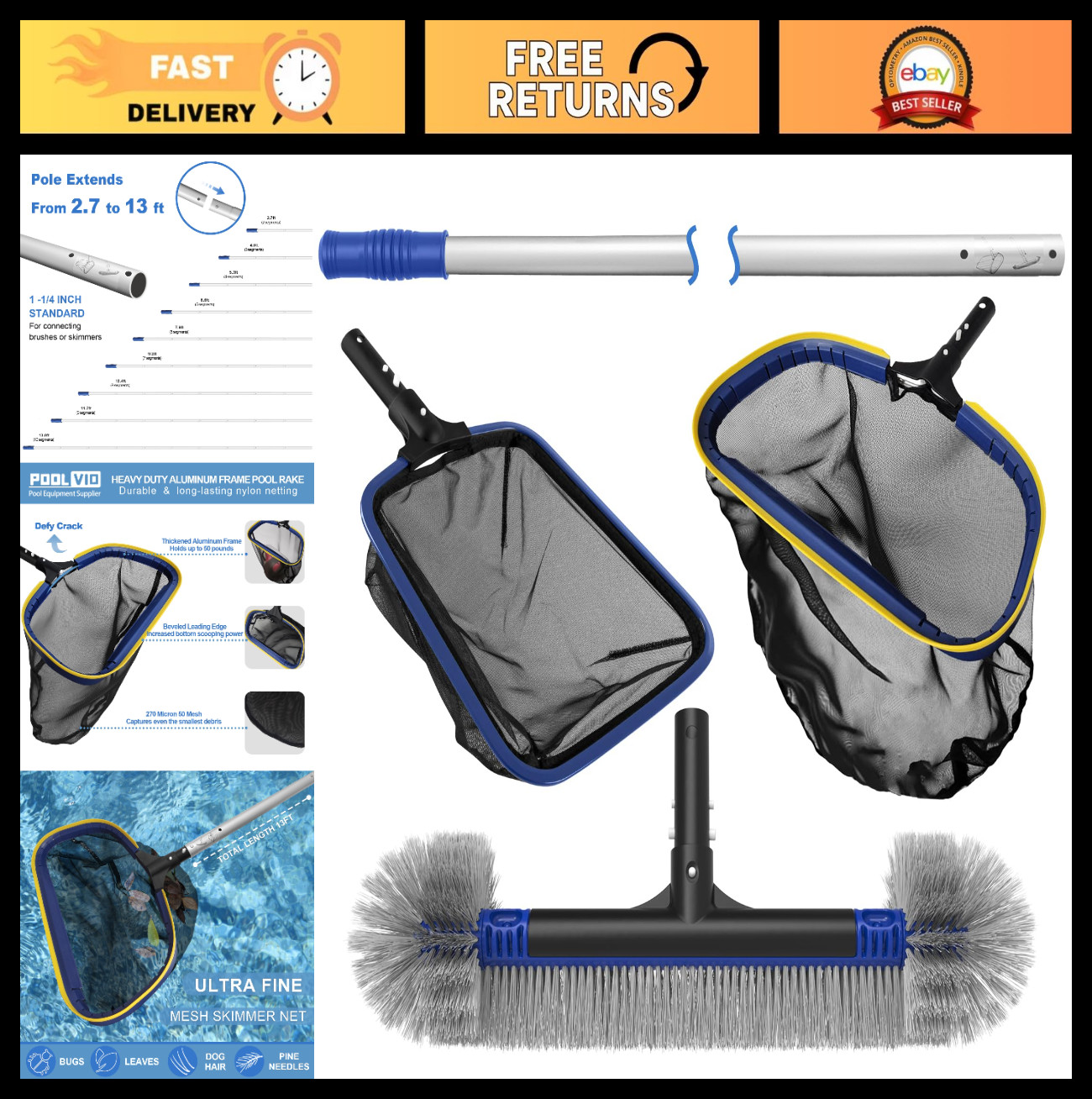 5-in-1 Pool Cleaning Kit – Skimmer Net, Leaf Rake, 20′ Brush & 13ft Pole