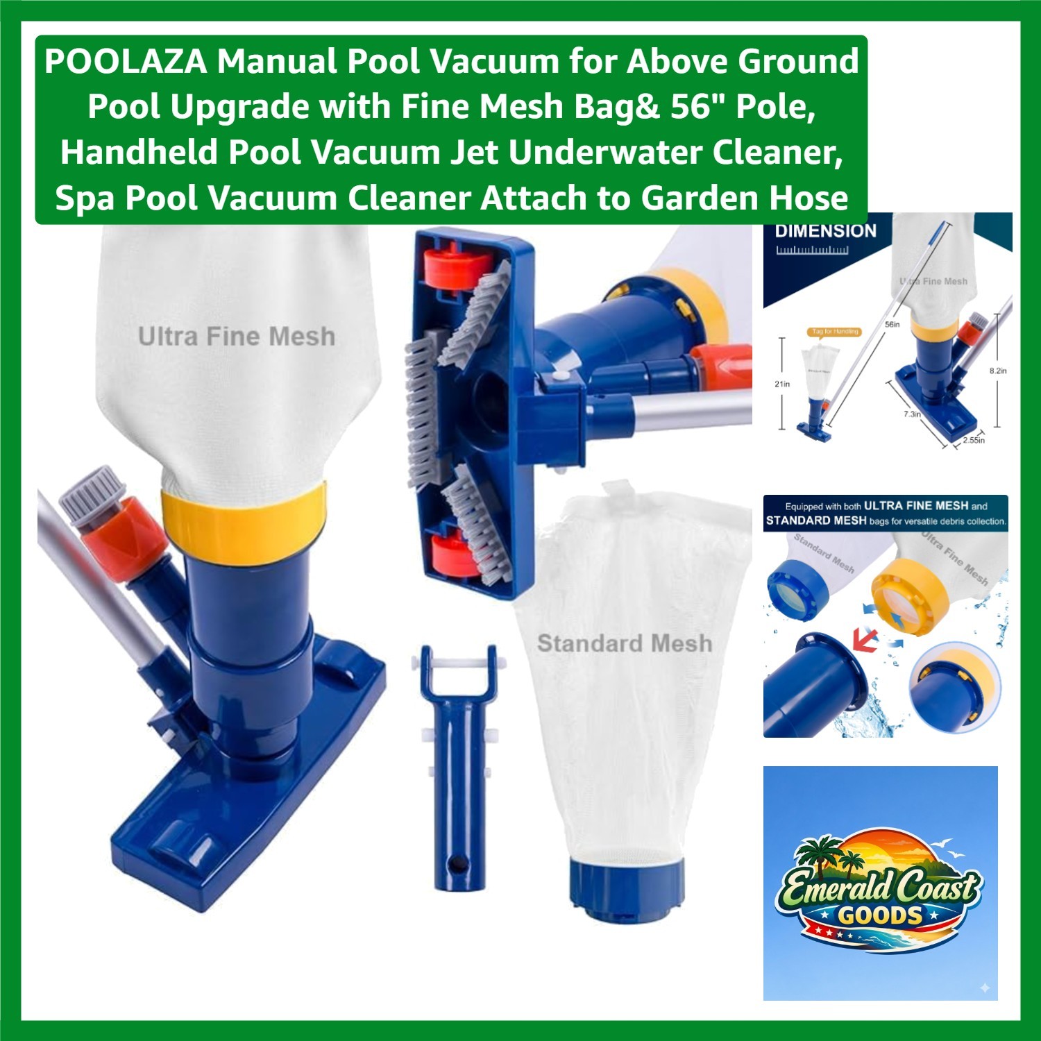 Manual Pool Vacuum with 56″ Aluminum Pole & Fine Mesh Bag – Effortless Cleaning!