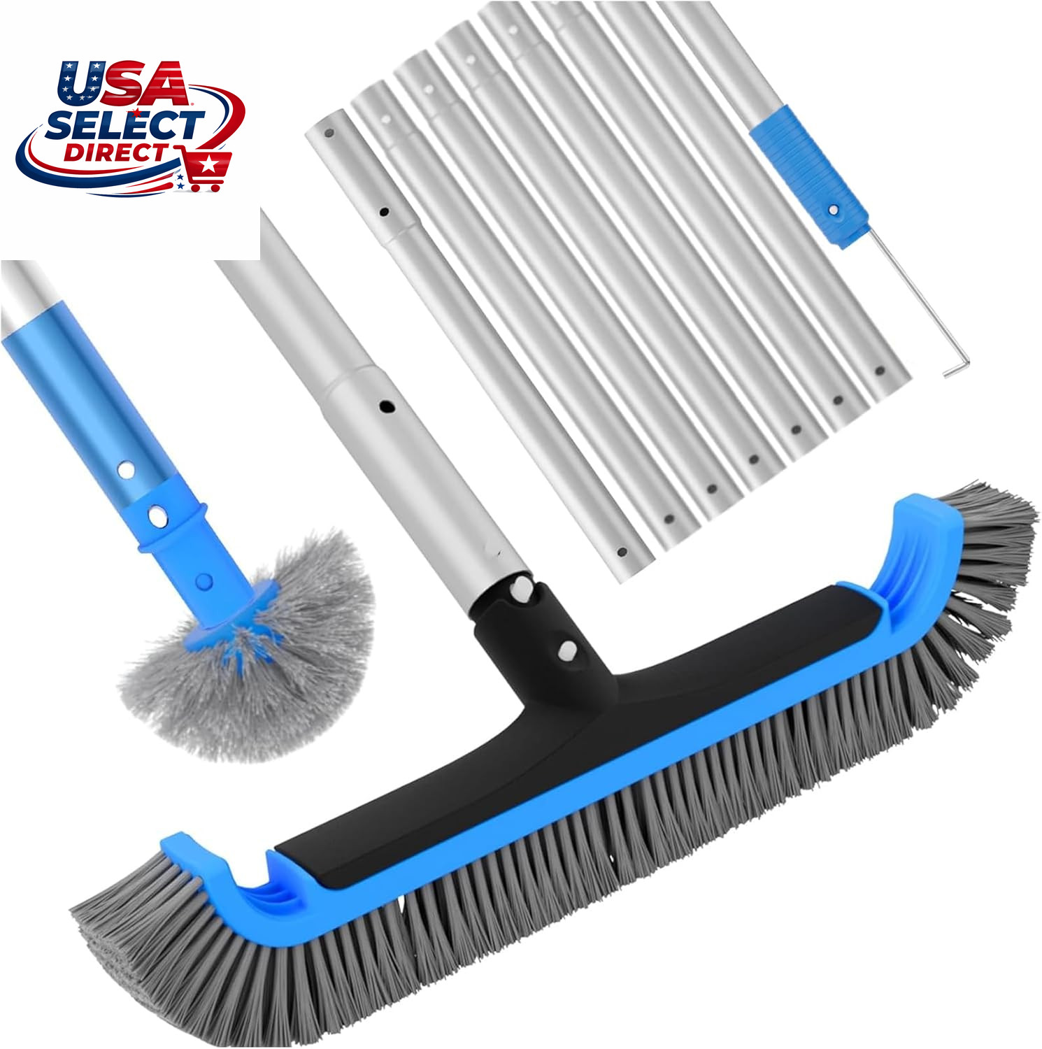 2 in 1 Multifunctional Pool Brush with 10 FT Poles – 17.5” Heavy Duty Swimming