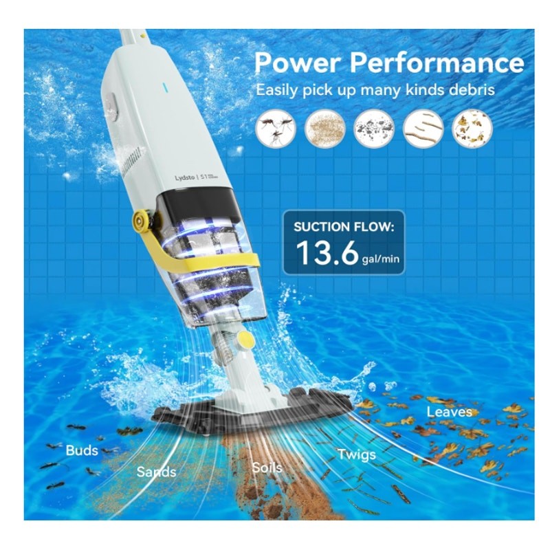 Lydsto Handheld Pool Vacuum w Telescopic Pole, Rechargeable, Strong Suction
