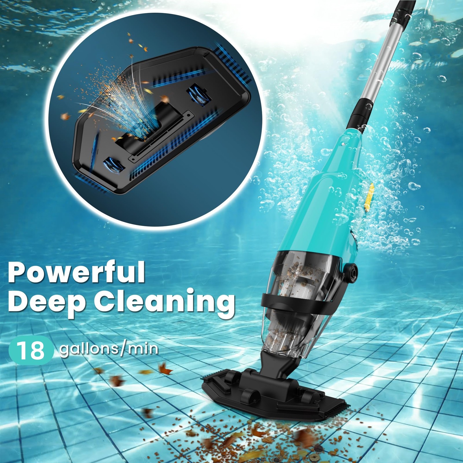 Cordless Handheld Pool Vacuum with Telescopic Pole 18GPM Powerful Suction, 90Min