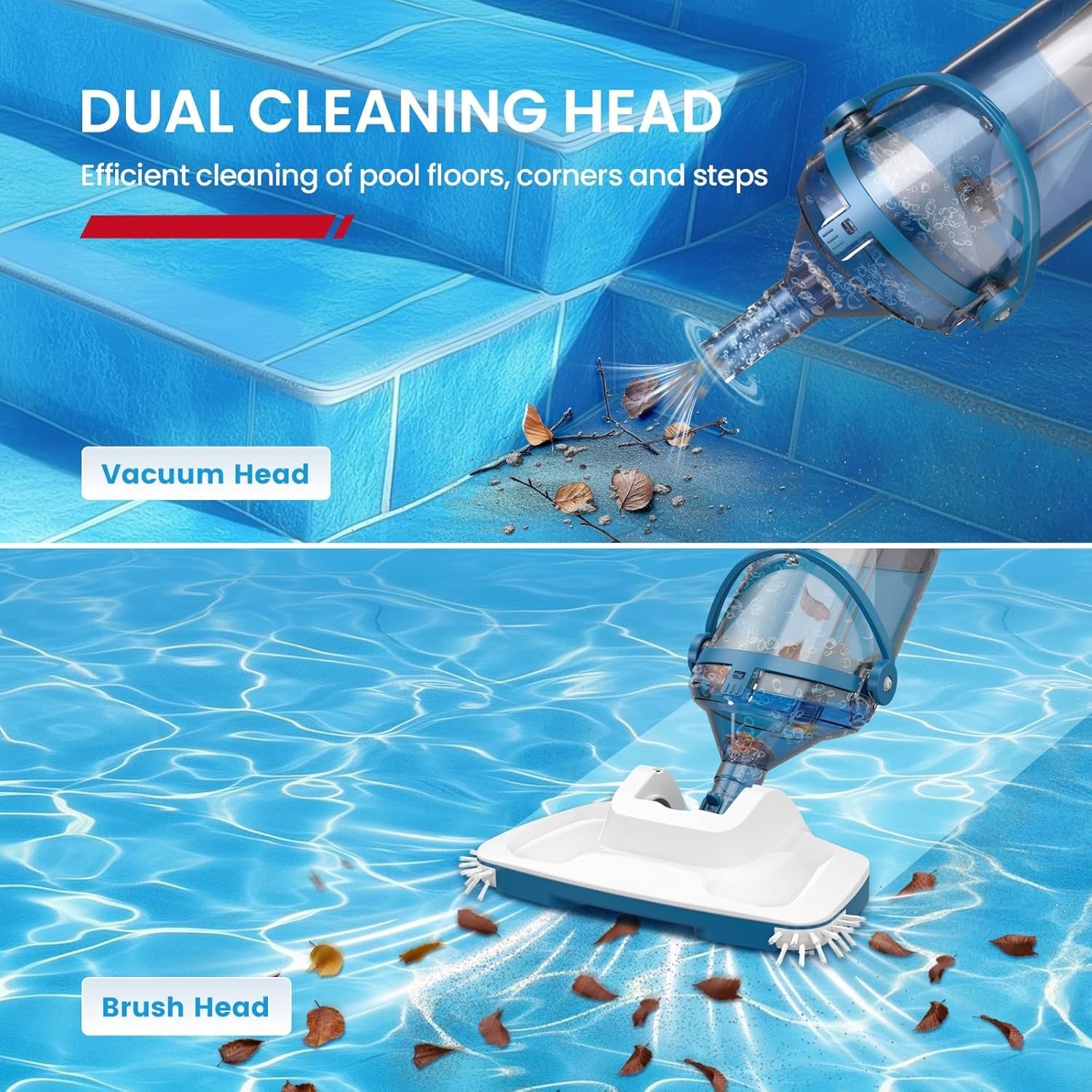 Rechargeable Pool Vacuum for Above Ground Inground Pools 13.4″ Head 18.5 GPM
