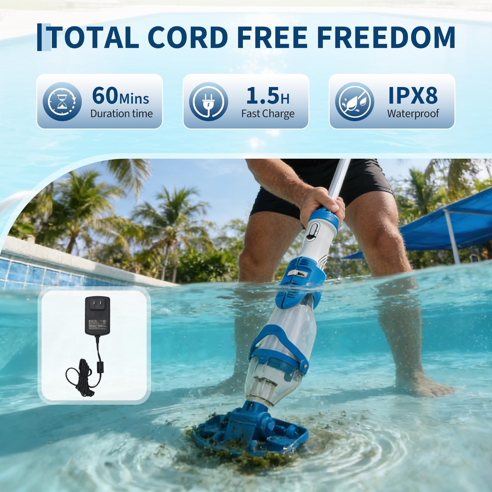 Cordless Rechargeable Pool Vacuum Handheld Cleaner ,with Telescopic Pole 60 Mins