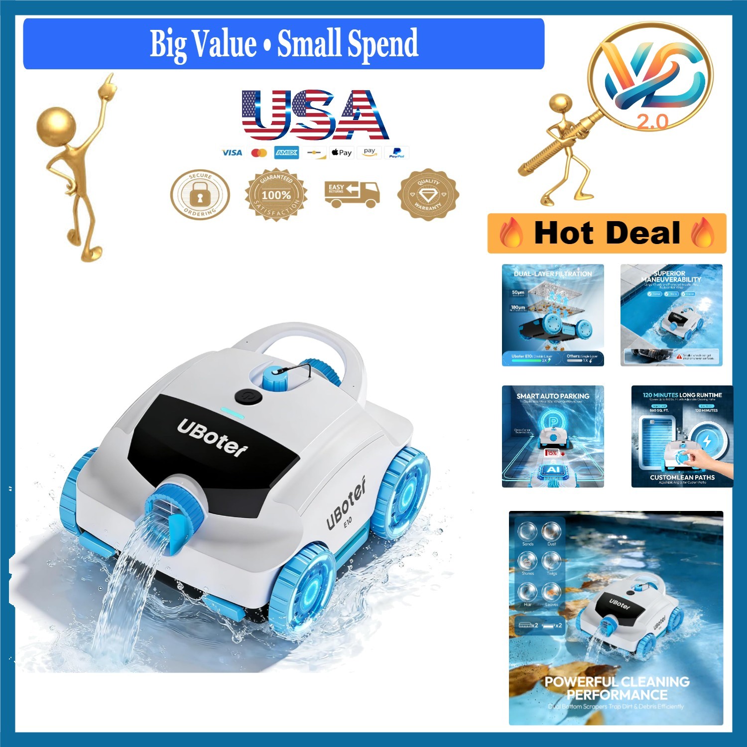 Cordless Pool Vacuum Robot Cleaner Dual Filter Edge Corner 120Min Blue