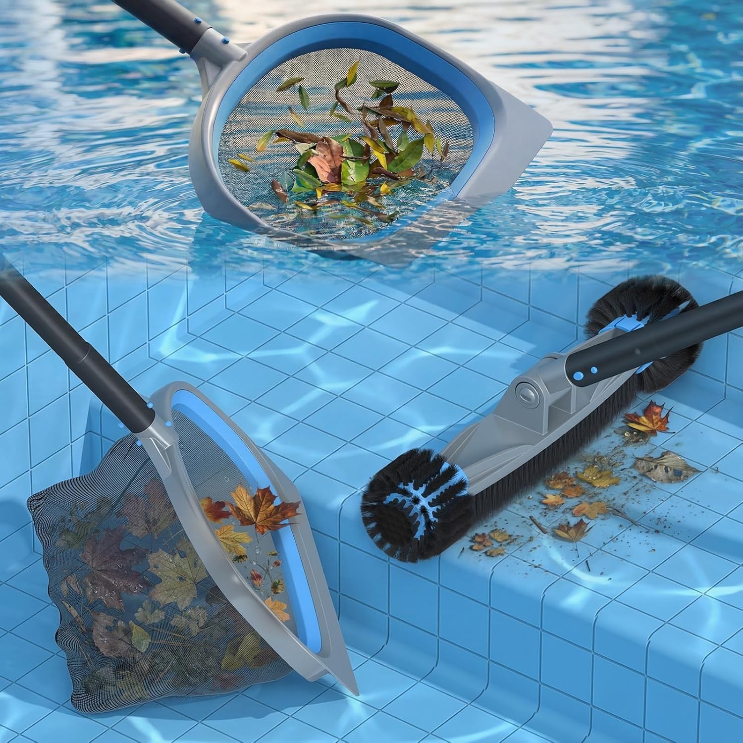 3-in-1 Deluxe Swimming Pool Cleaning Kit – Includes Pool Brush with Detachabl…
