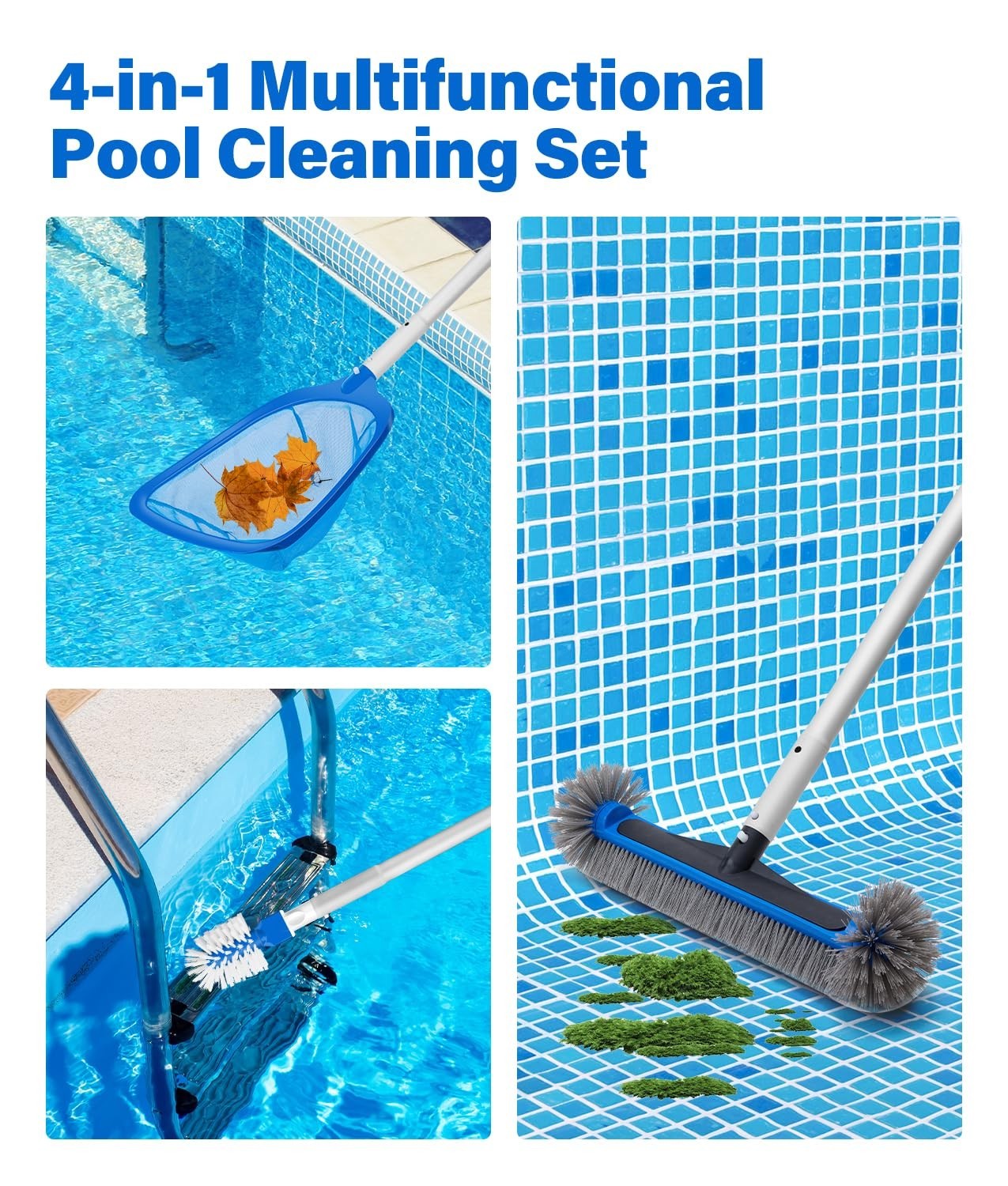 Deluxe 4-in-1 Pool Cleaning Kit with 10ft Adjustable Pole, Skimmer Net & Brush S