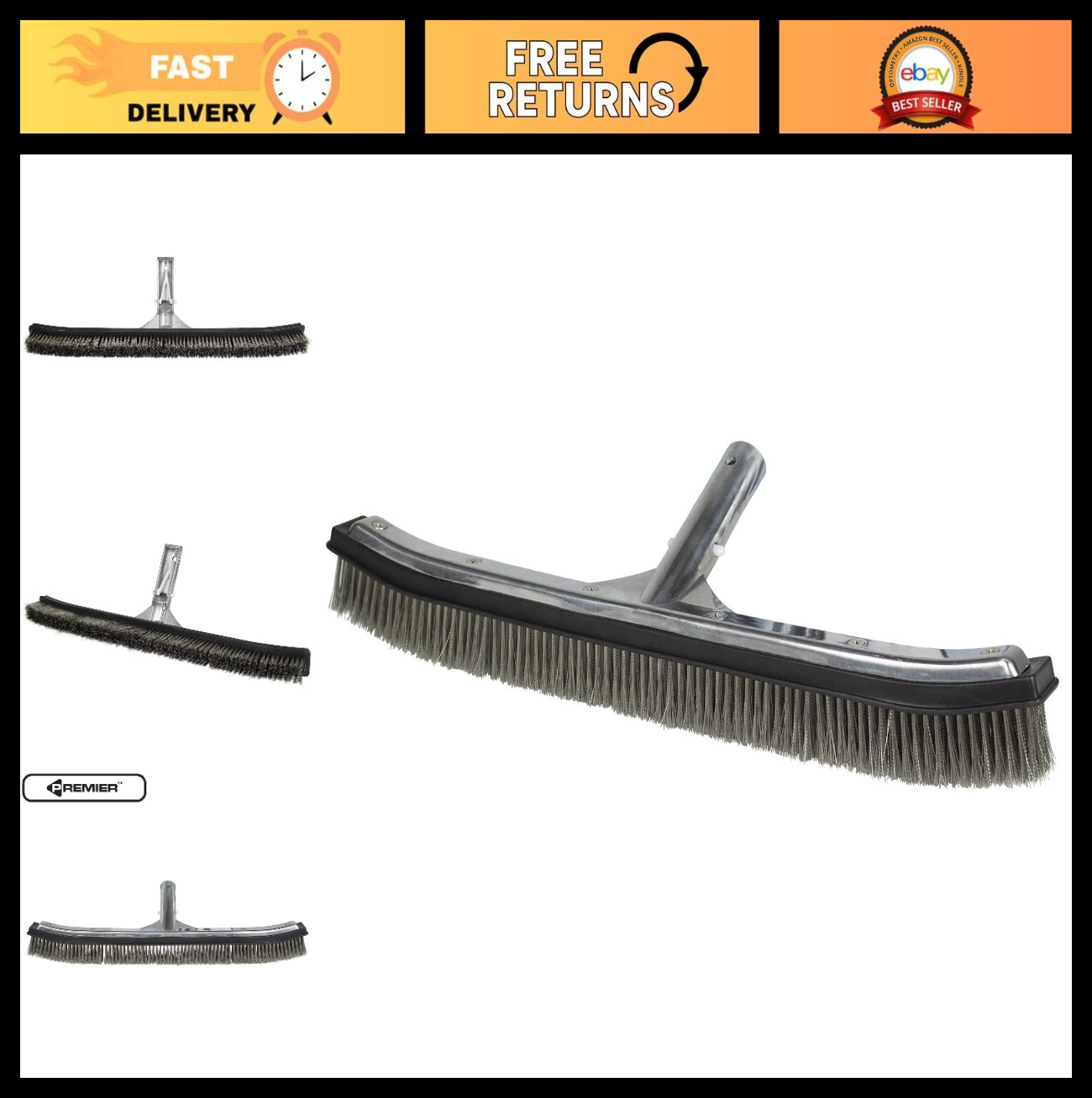 18″ Stainless Steel Pool Algae Brush – Heavy-Duty Aluminum Back, Wide Head for G
