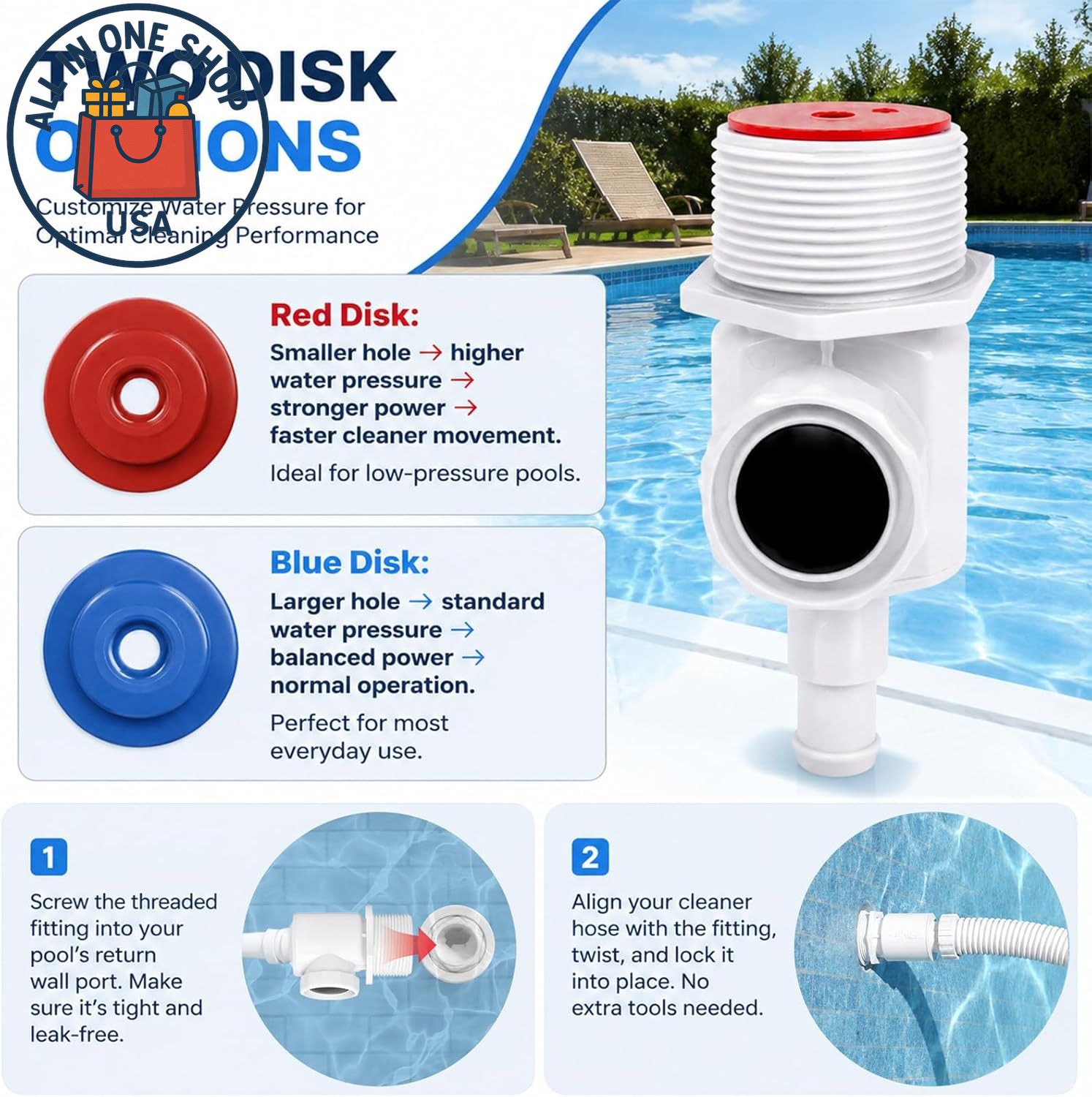 Universal Wall Fitting Connector for Polaris & Pentair Pool Cleaners – 1 Pack