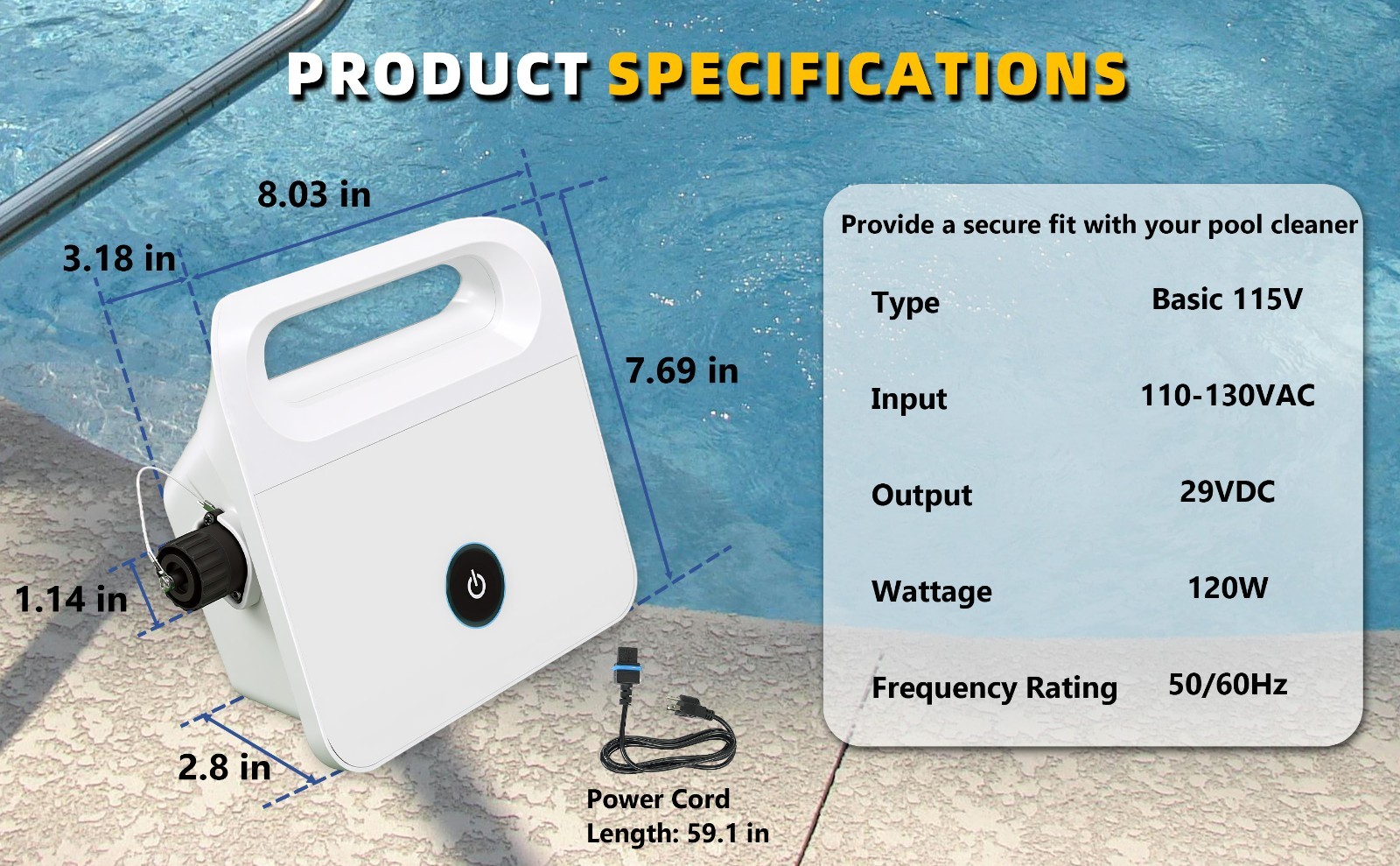 99956034 Power Supply with 5898412LF Power Cord, Compatible with Dolphin Robotic