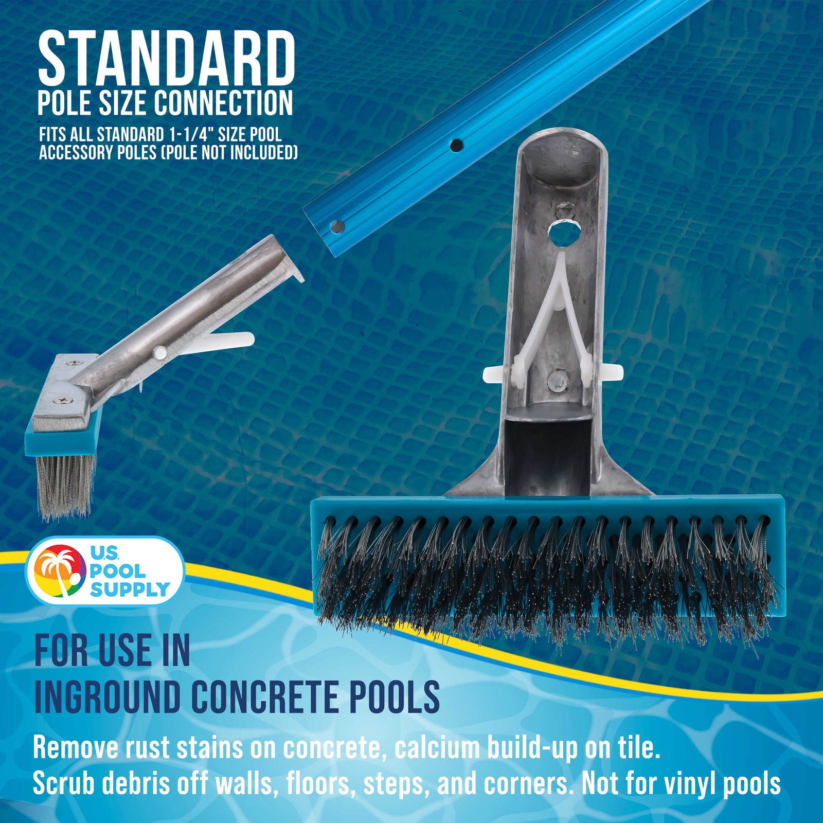 5″ Stainless Steel Wire Bristle Pool Brush, Clean Concrete Rust, Tile Calcium