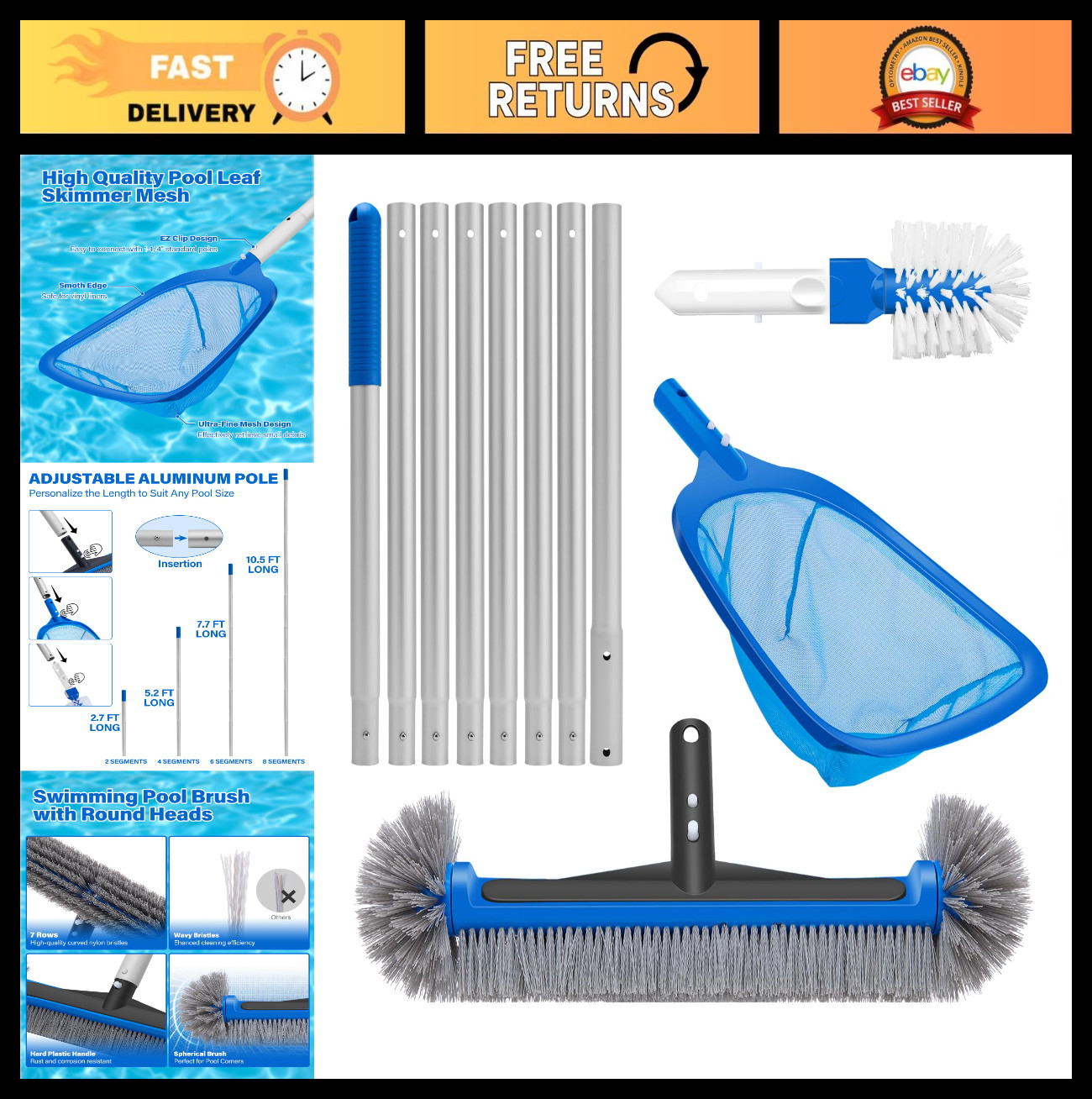 Deluxe 4-in-1 Pool Cleaning Kit with 10ft Adjustable Pole, Skimmer Net & Brush S