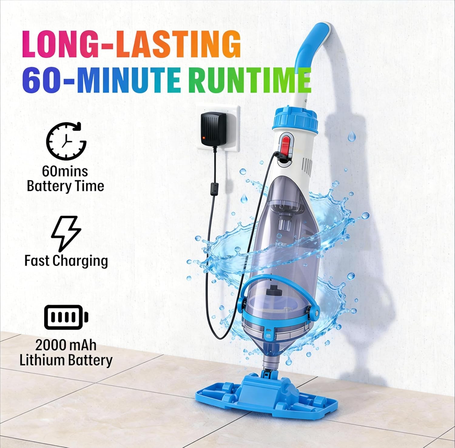 Cordless Rechargeable Pool Vacuum 18.5 GPM Handheld Cleaner with Telescopic Pole