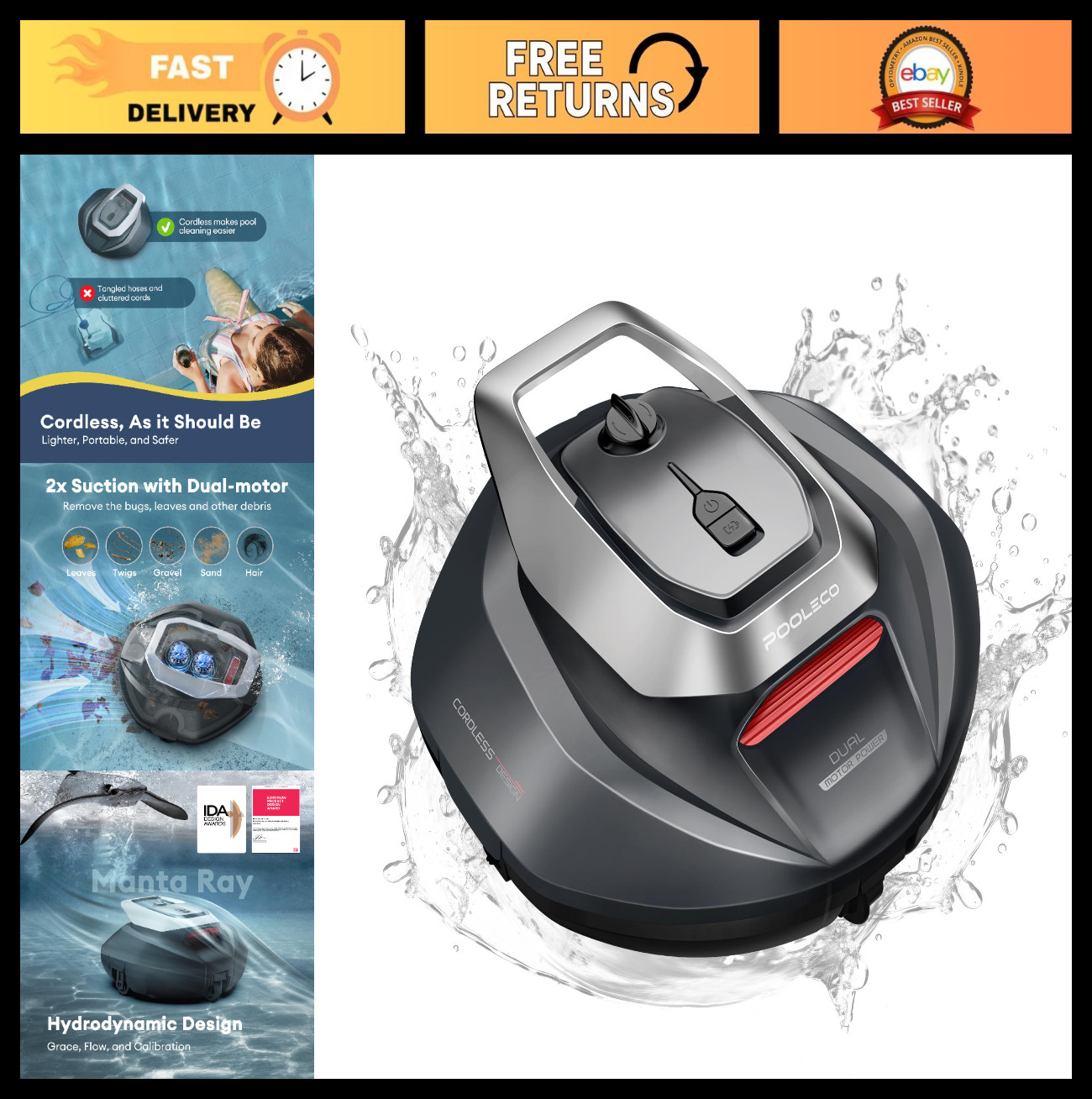 Automatic Robotic Pool Cleaner – Dual-Motor Suction, 90 Min Runtime, Fast Chargi
