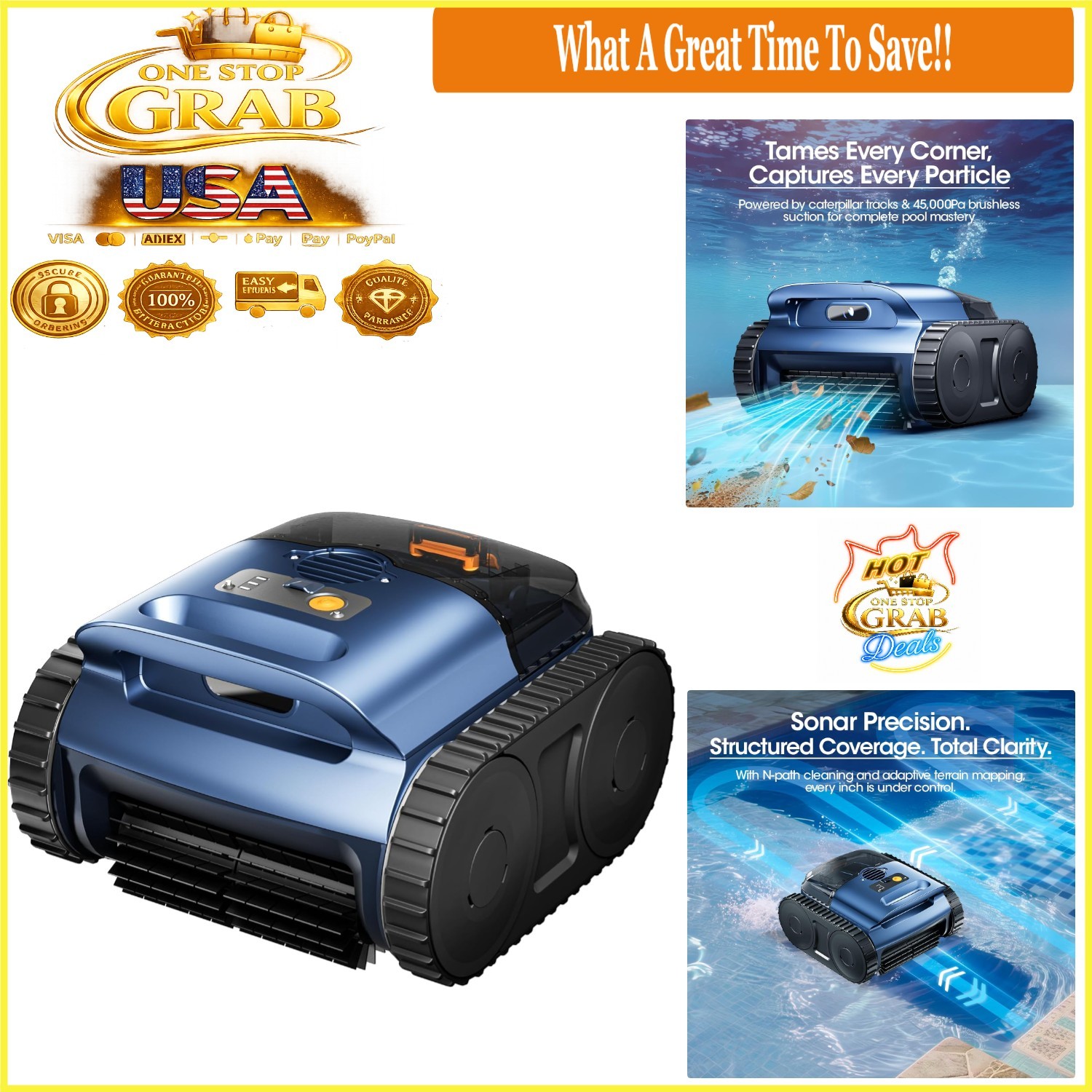 RERIOU Cordless Robotic Pool Vacuum 180W Brushless Motors Sonar Navigation