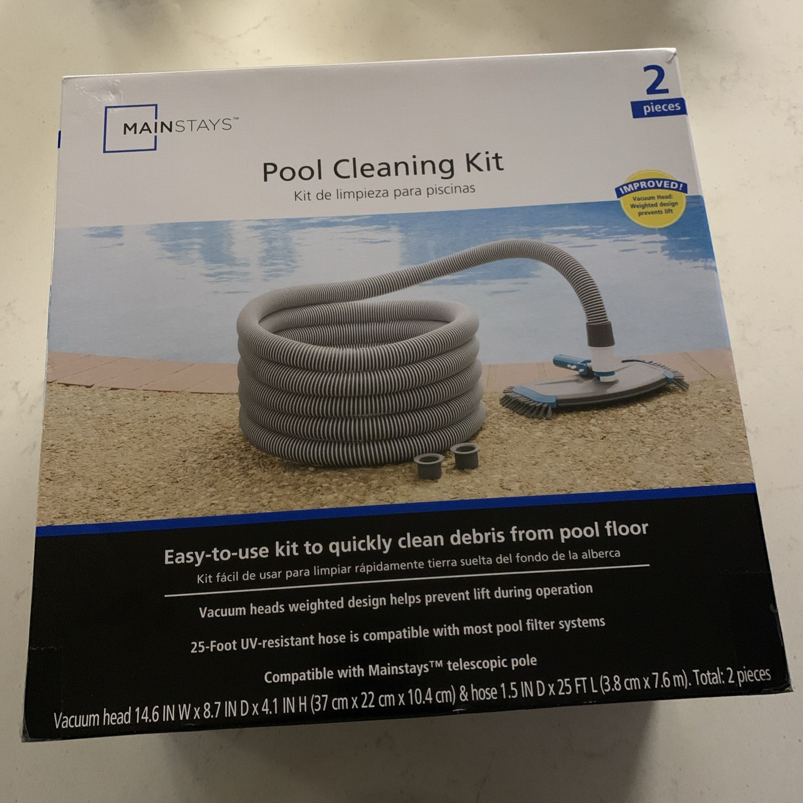 Mainstays Pool Vacuum Kit 2-Piece 25ft UV-Resistant Hose+Swivel Head 1.25″/1.5″