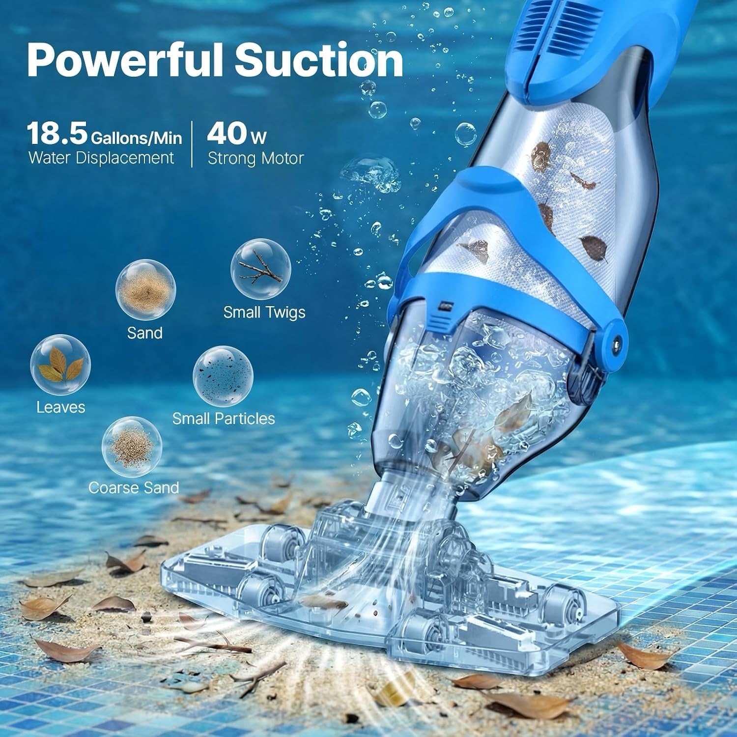 Cordless Pool Vacuum, 40W Strong Suction 18.5 GPM, 60 Mins Runtime, Pool Cleaner