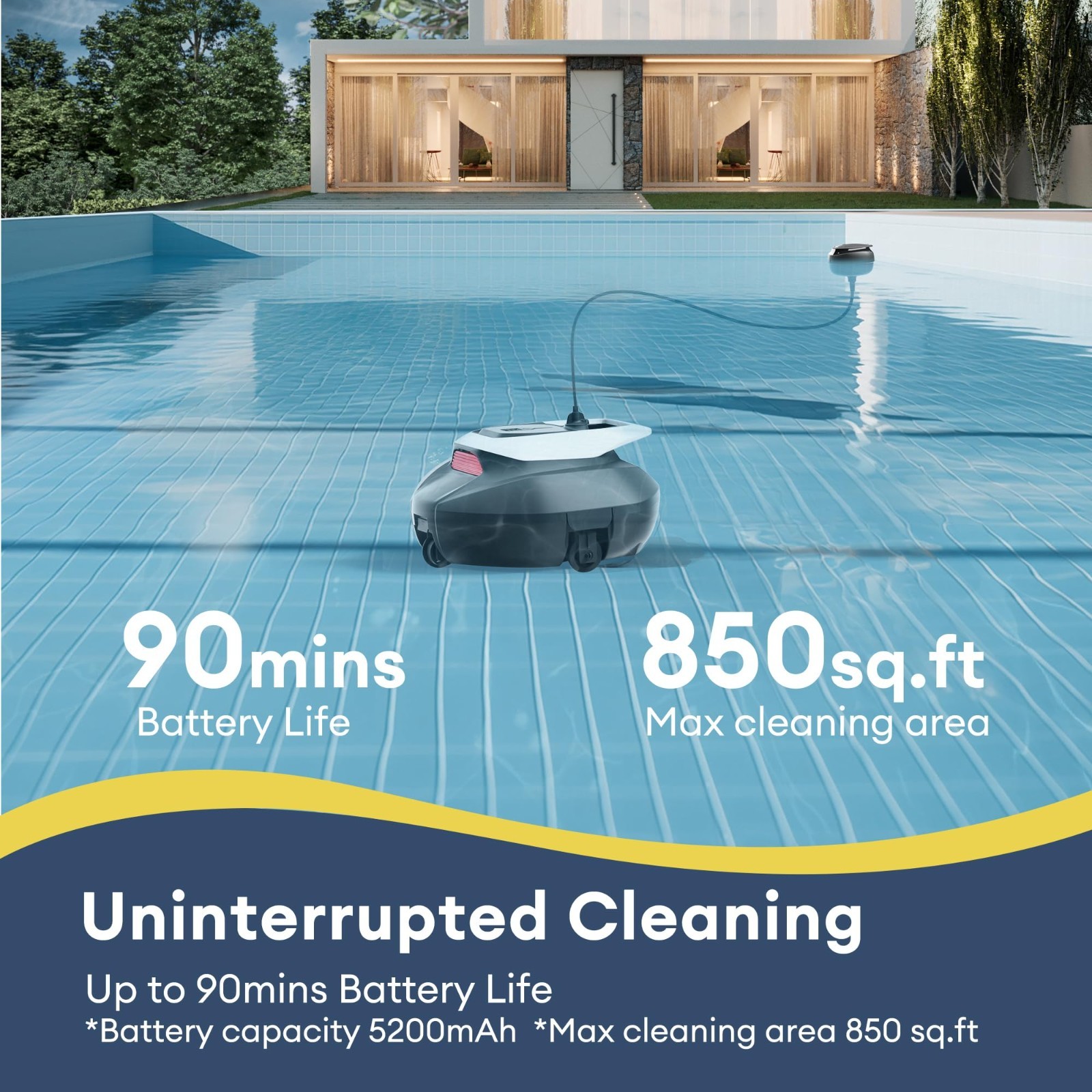 Automatic Robotic Pool Cleaner – Dual-Motor Suction, 90 Min Runtime, Fast Chargi