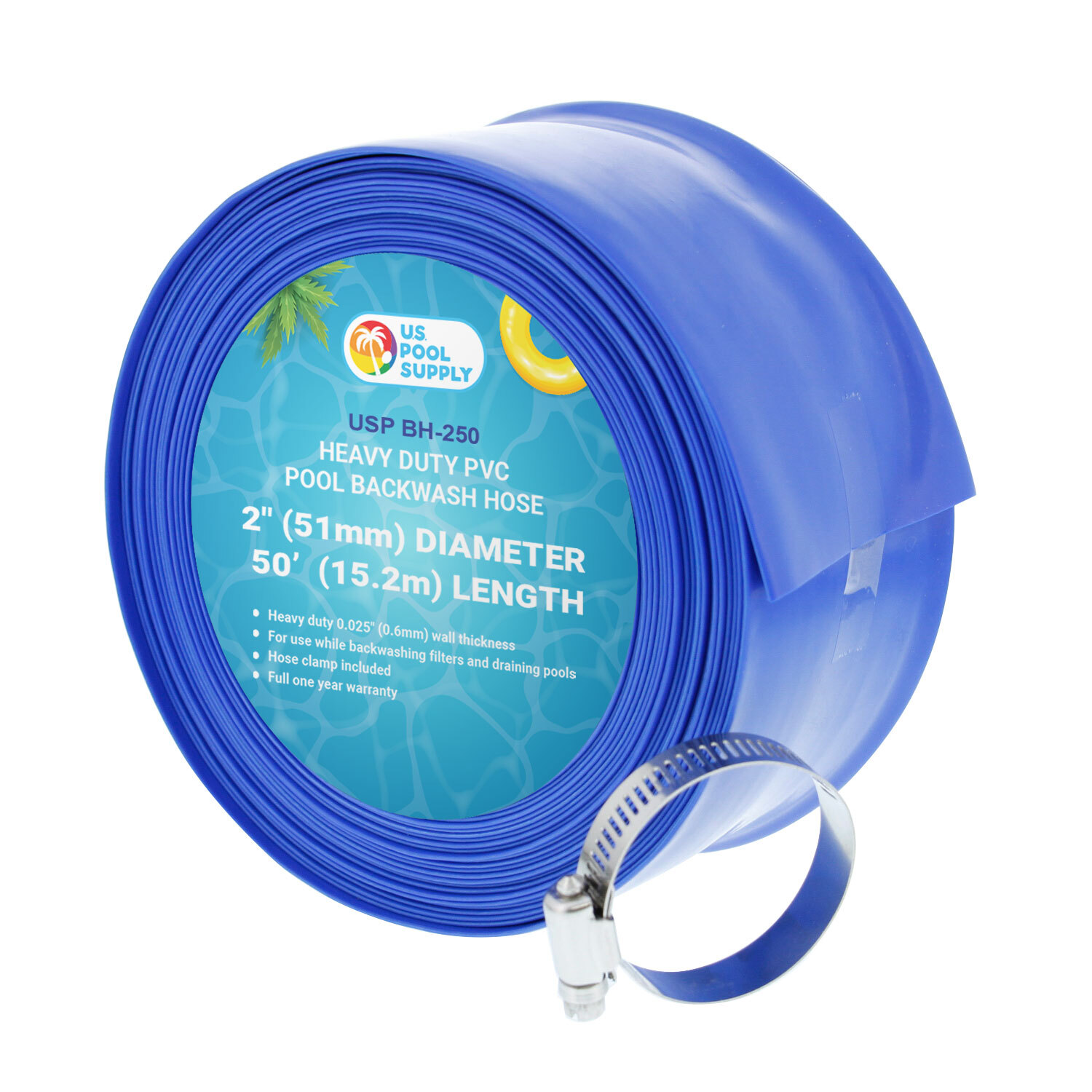 2″ x 50′ Heavy Duty Blue Swimming Pool Backwash Hose & Clamp Water Discharge