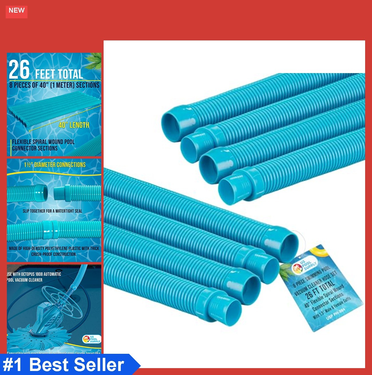 Pool Vacuum Hose 8 Piece Set 40 Inch Sections 1.5 In 26 Feet Total Teal