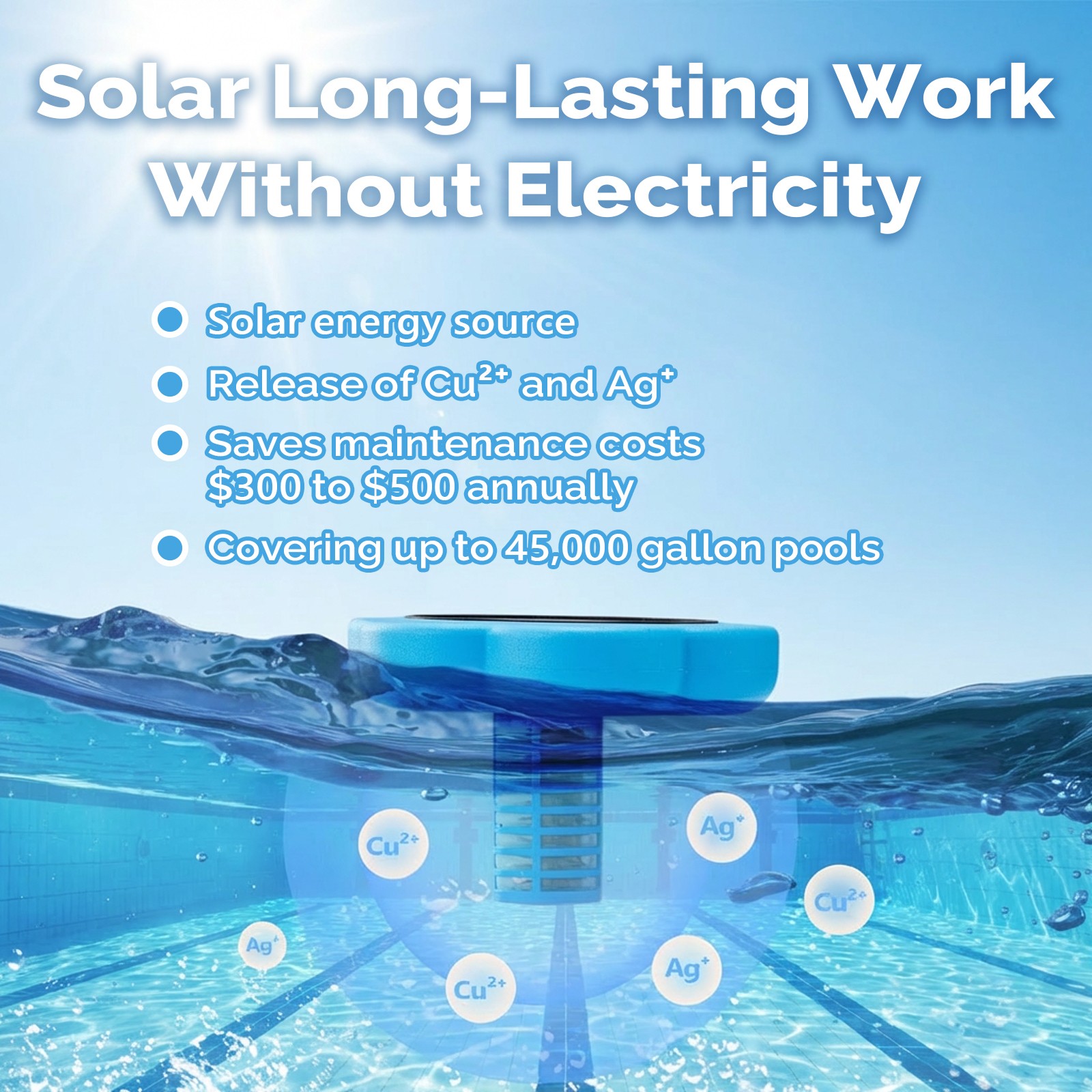 Solar Copper Pool Ionizer for Water Clarification Above Ground Inground Pool