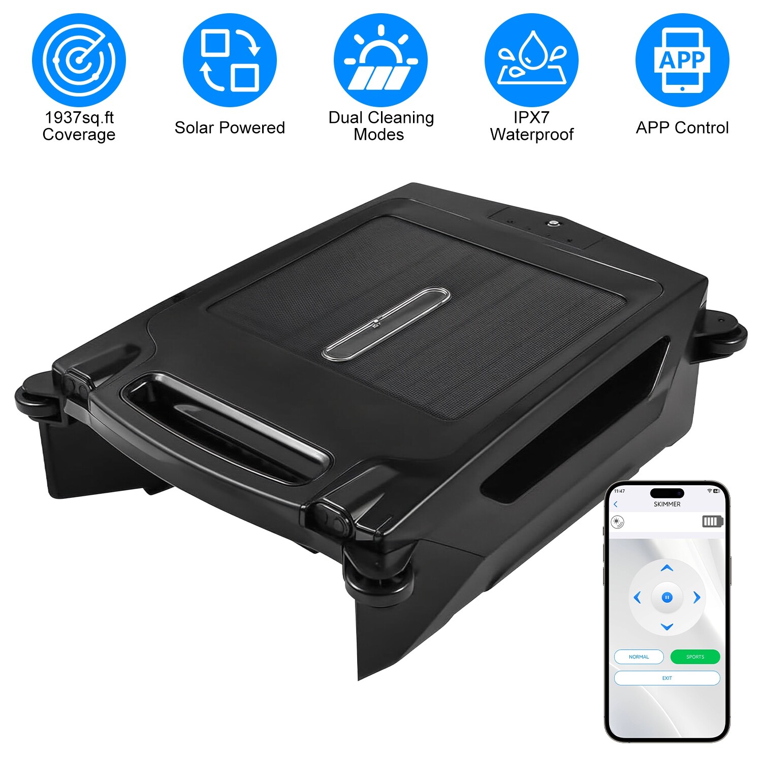 Solar Powered Robotic Pool Skimmer Swimming Pool Surface Surface W/APP+2 Modes
