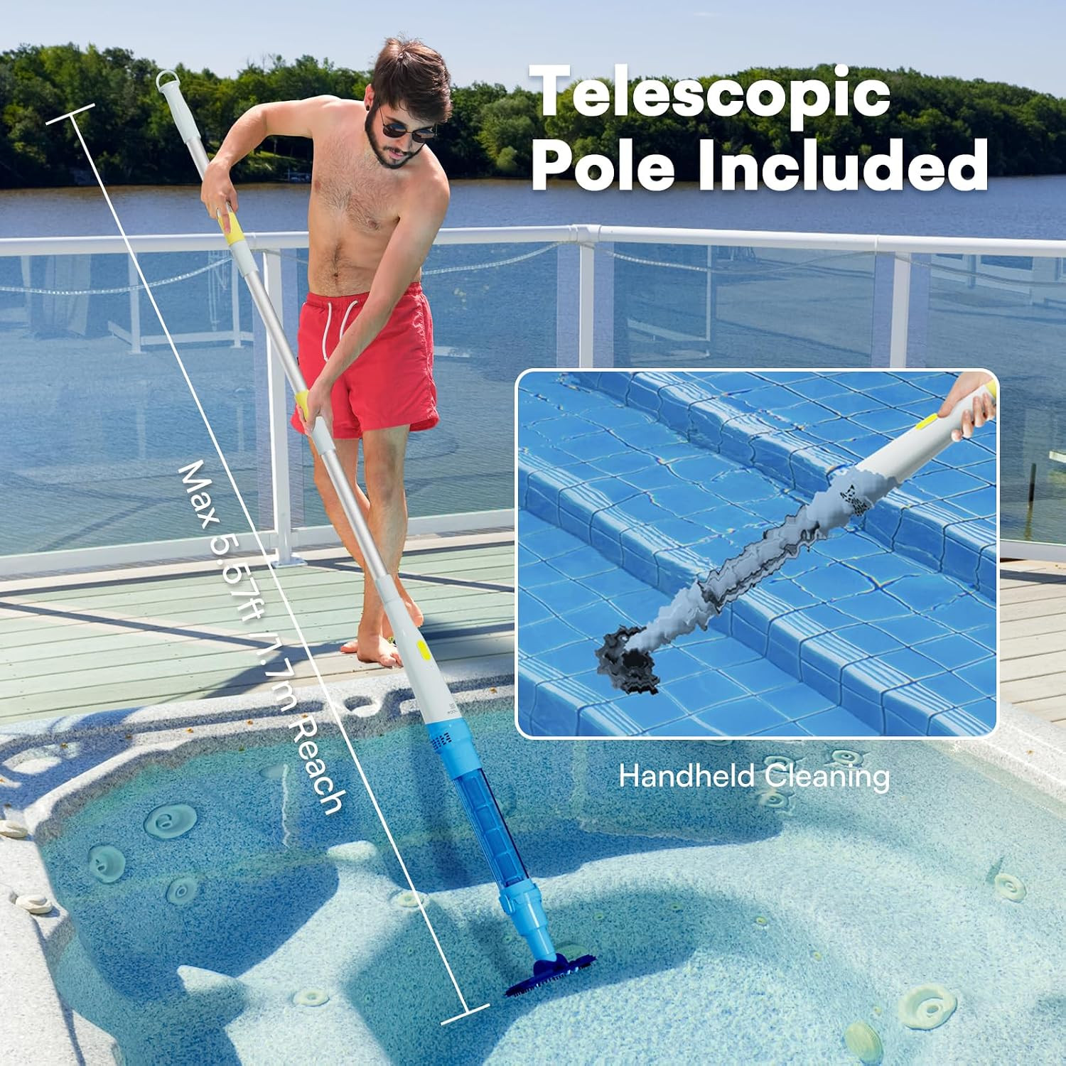 Handheld Pool Vacuum for above Ground Pool & Hot Tub Vacuum, with 2 Brush Heads,