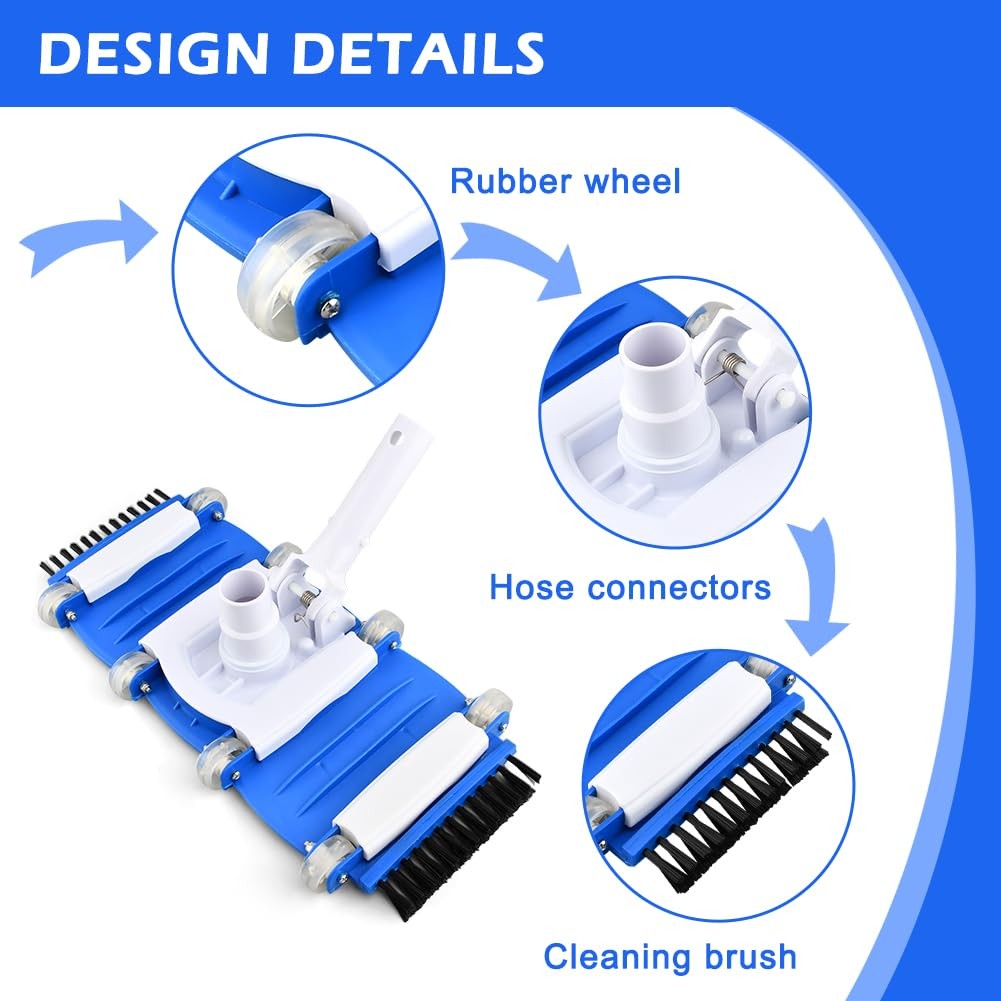 16in Pool Vacuum Head with Side Brushes Wheels Fits 1-1/4 1-1/2in Hose