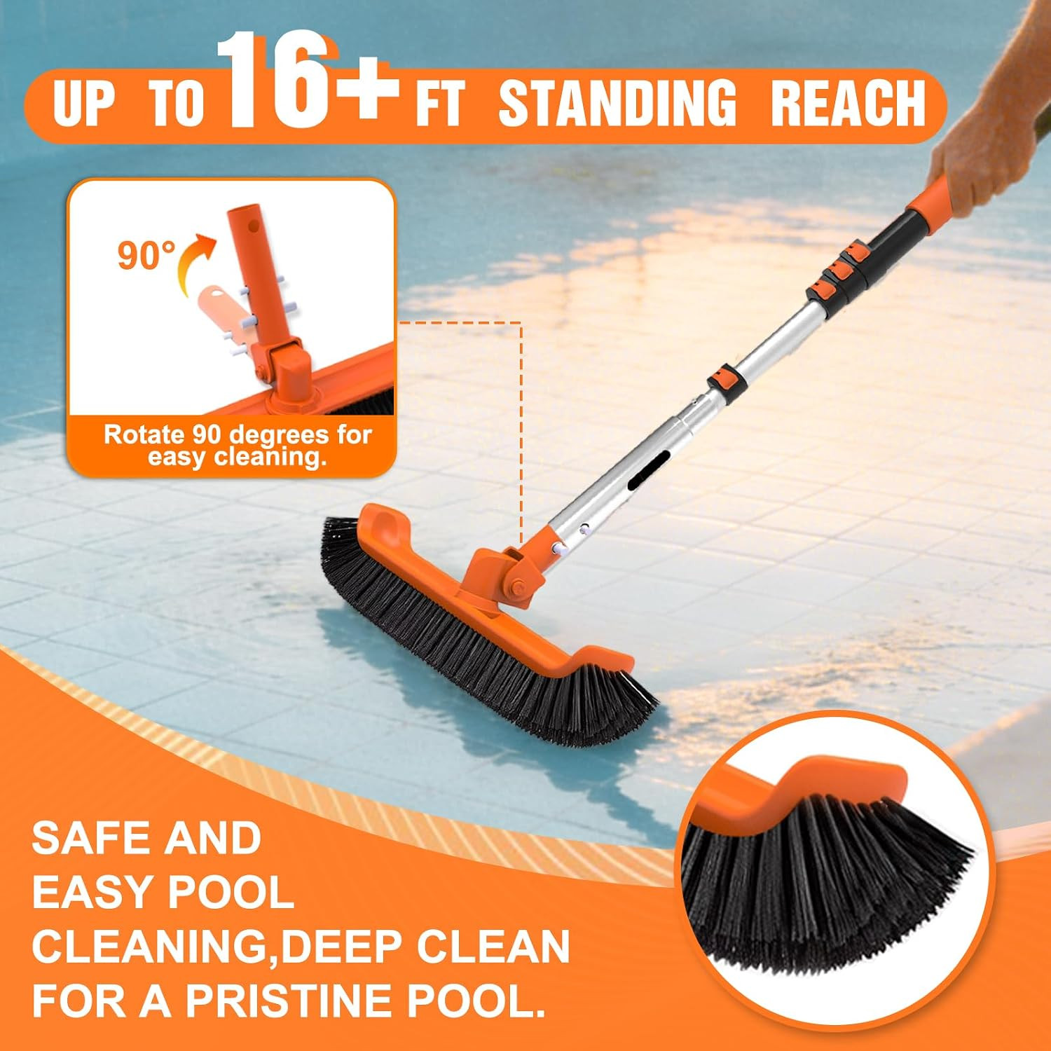 Pool Brush with 16FT Telescopic Pole Cleaner Head