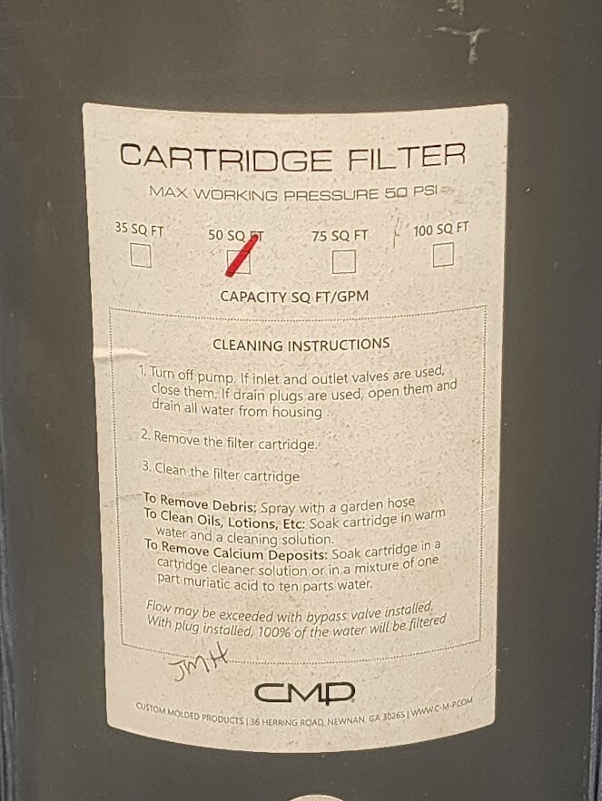 CMP 25504-650-000 Water Feature Cartridge Filter 50 Sq Ft Capacity No Filter