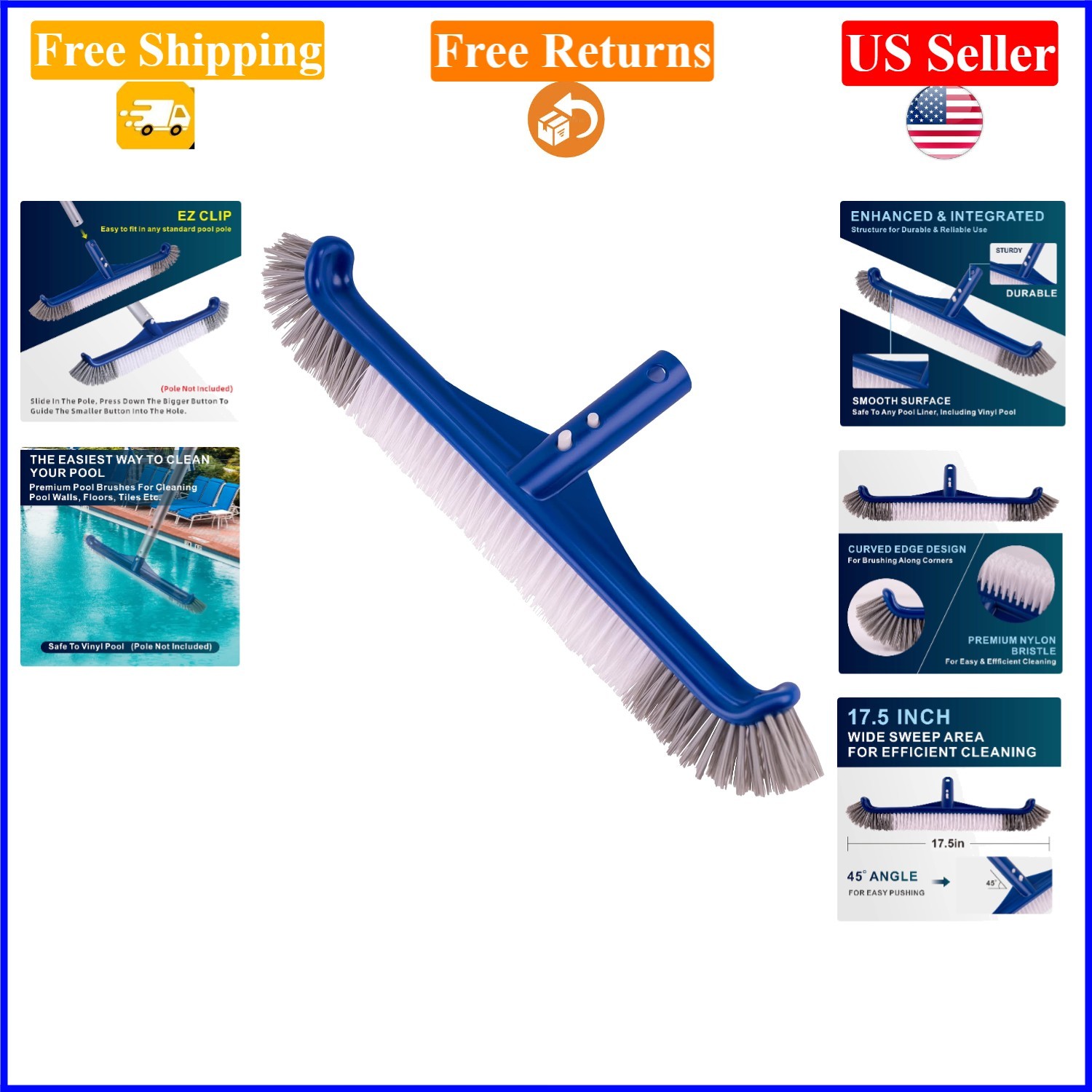 17.5 in Blue Pool Brush Head for Inground & Above-Ground Pools, Durable Clean…