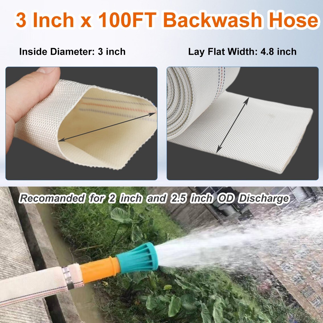 Water Discharge Backwash Pool Hose 3″ in inch x 100 FT Lay-Flat Drain Pump White