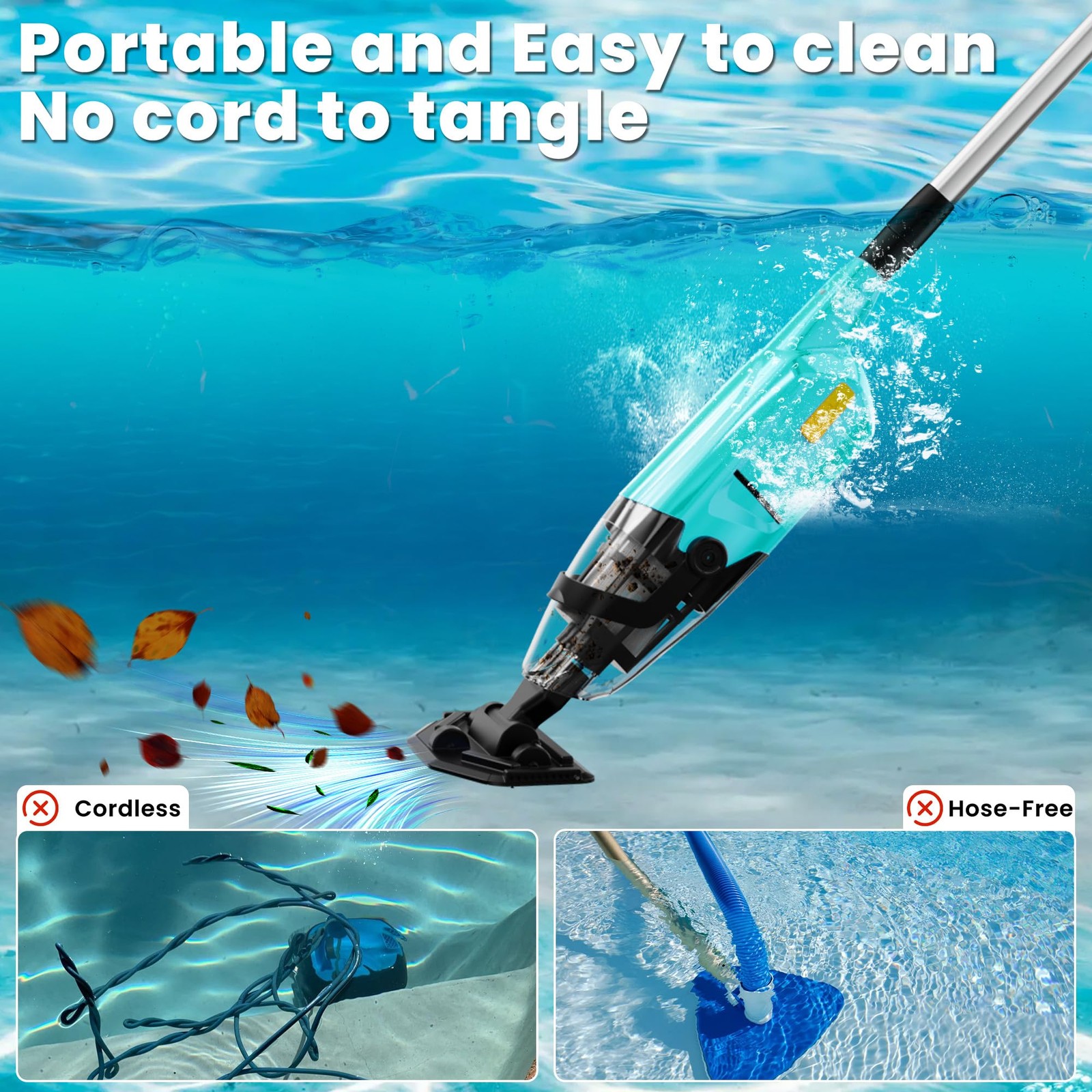 Cordless Handheld Pool Vacuum with Telescopic Pole 18GPM Powerful Suction, 90Min